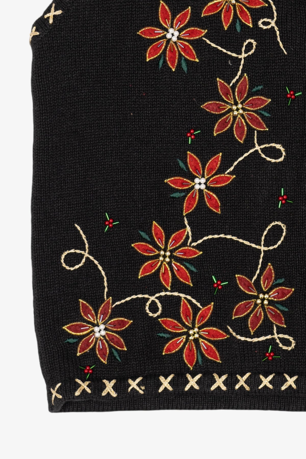 Vintage Black Bobbie Brooks Poinsettias Ugly Christmas Vest (1990s)