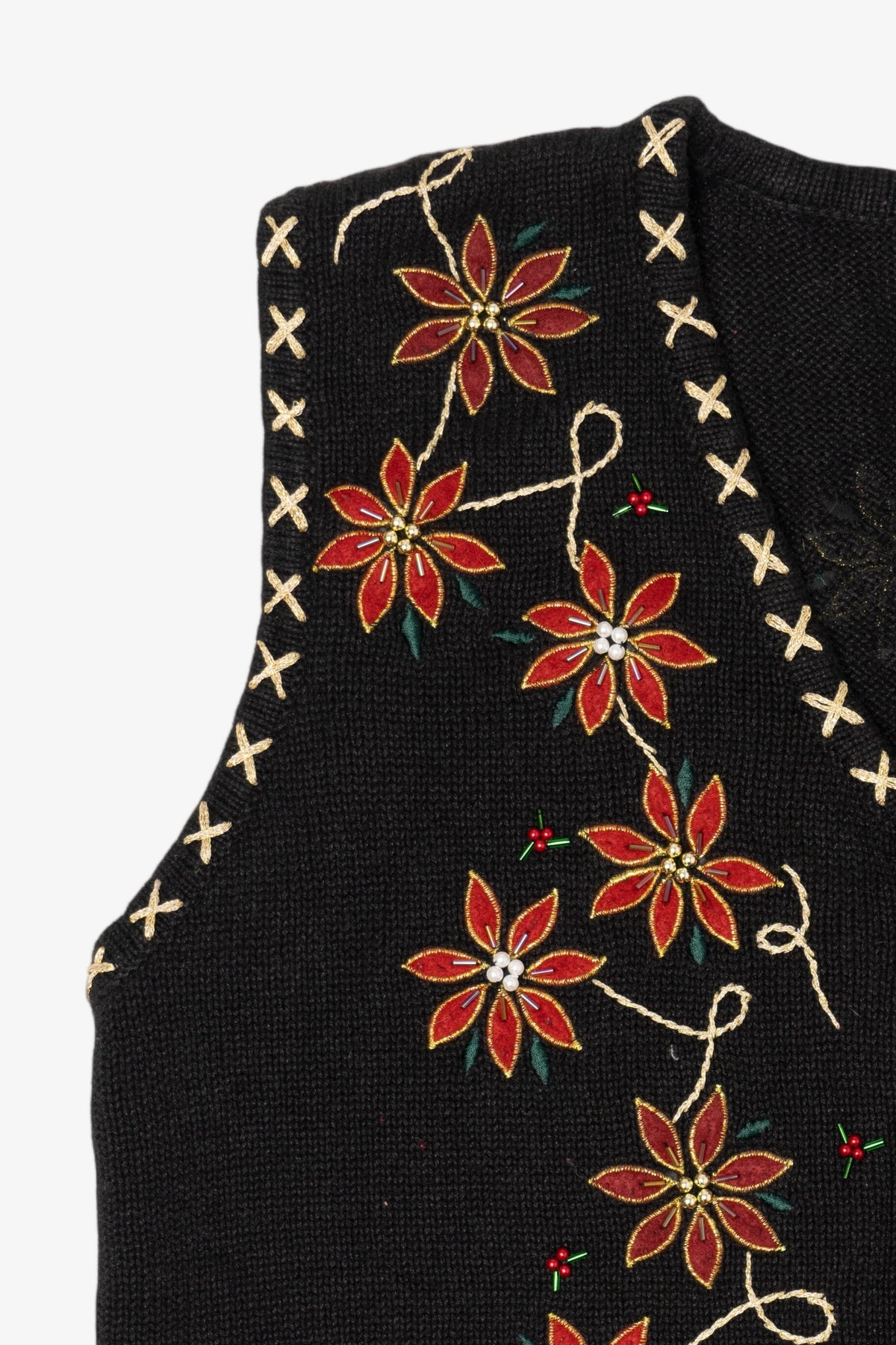 Vintage Black Bobbie Brooks Poinsettias Ugly Christmas Vest (1990s)