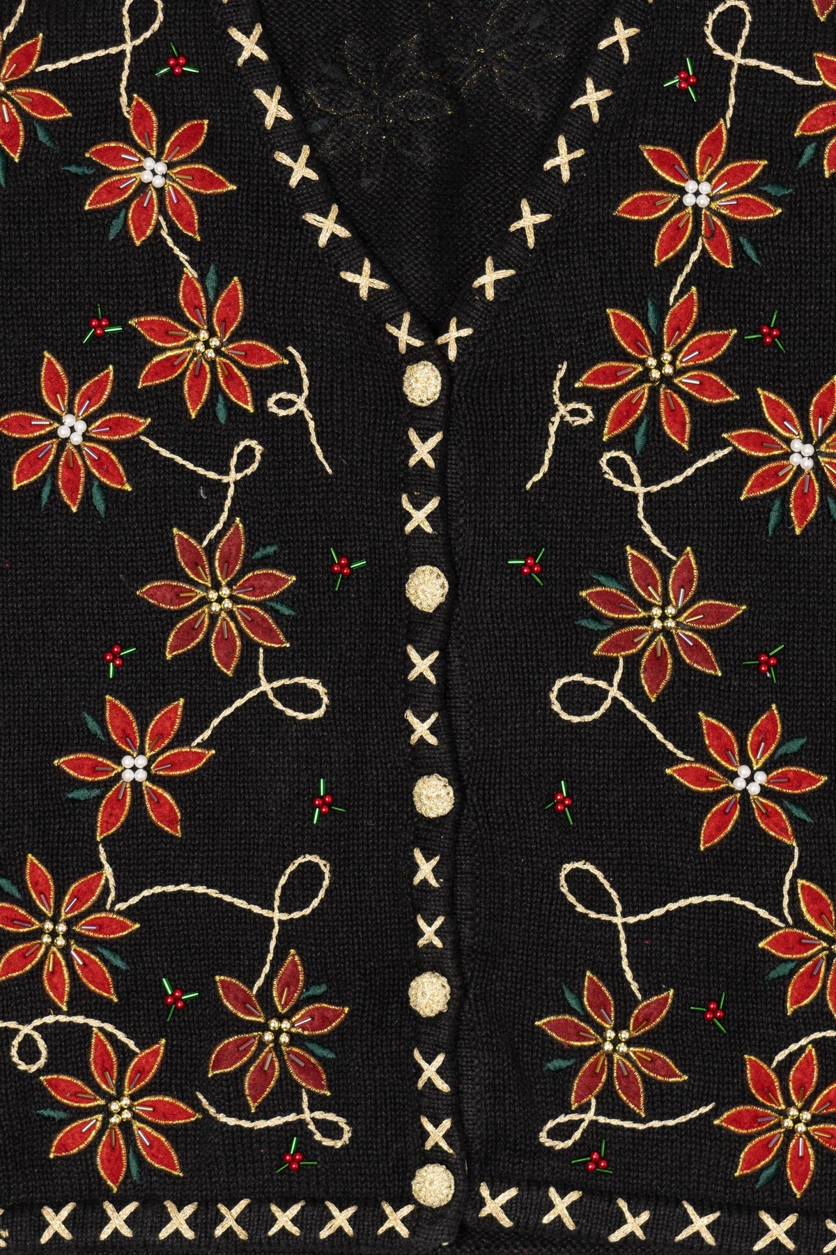 Vintage Black Bobbie Brooks Poinsettias Ugly Christmas Vest (1990s)
