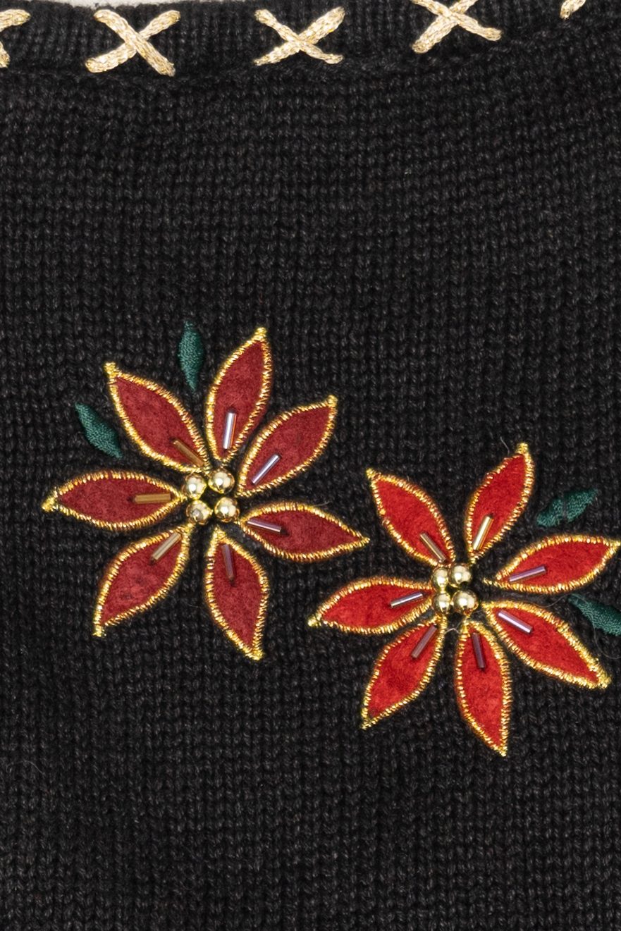 Vintage Black Bobbie Brooks Poinsettias Ugly Christmas Vest (1990s)