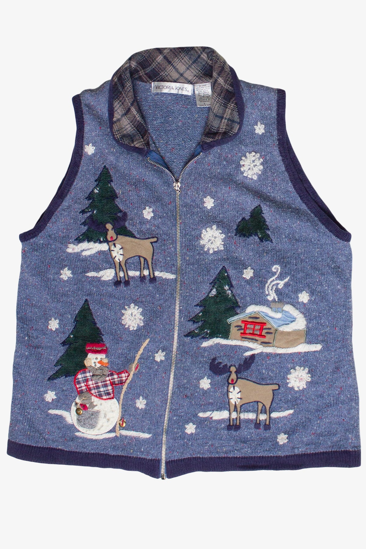 Vintage Victoria Jones Reindeer Cabin Zip Up Ugly Christmas Vest