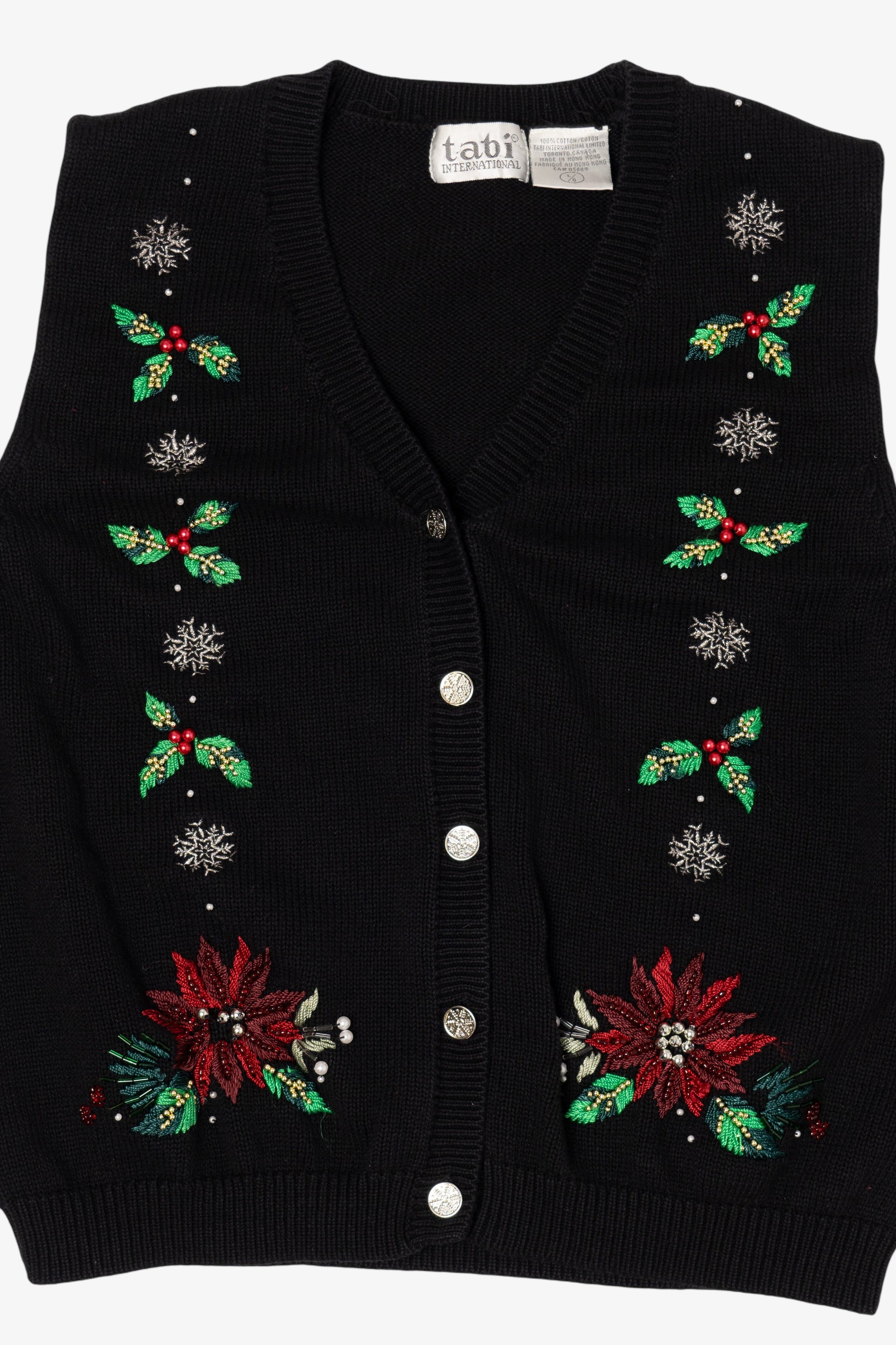 Vintage Black Tabi International Holly And Poinsettias Ugly Christmas Vest