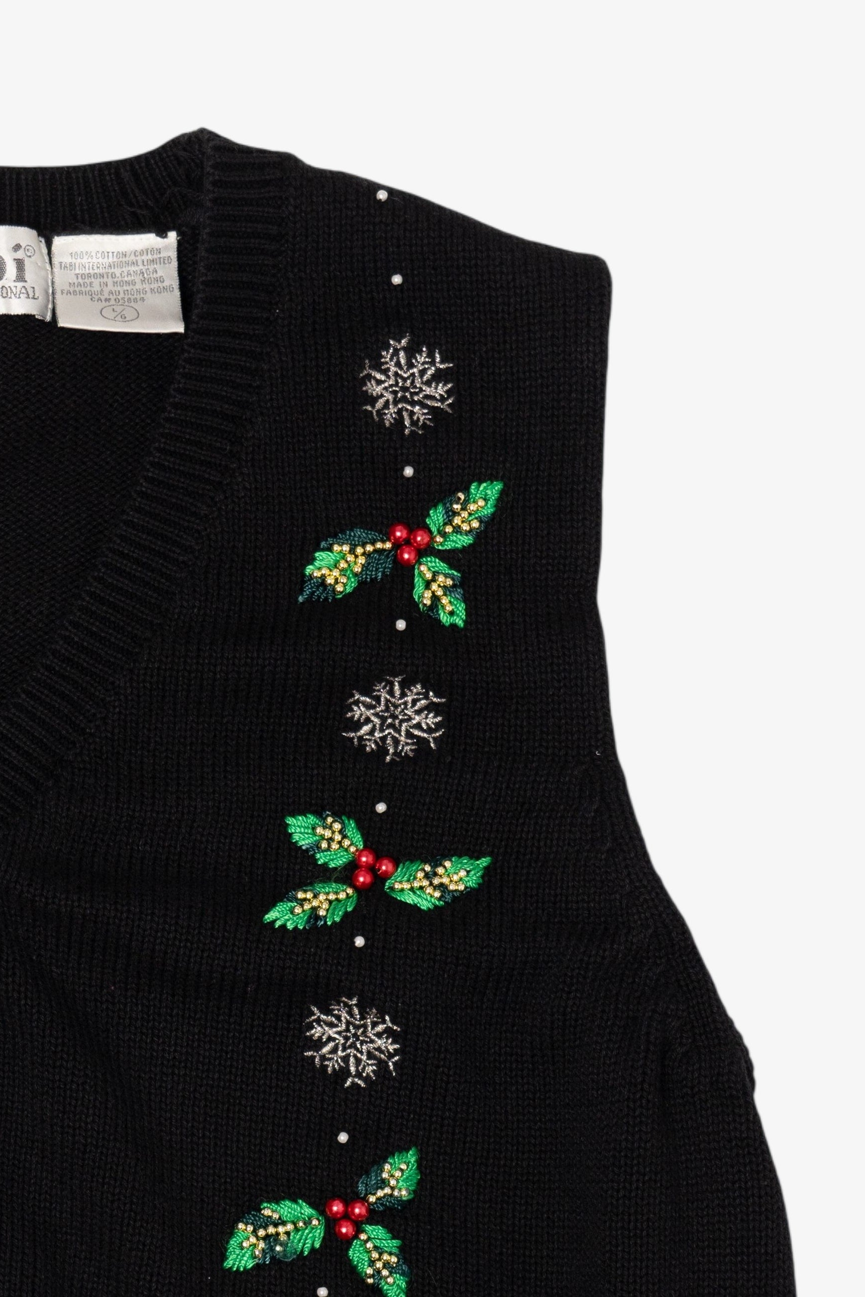 Vintage Black Tabi International Holly And Poinsettias Ugly Christmas Vest