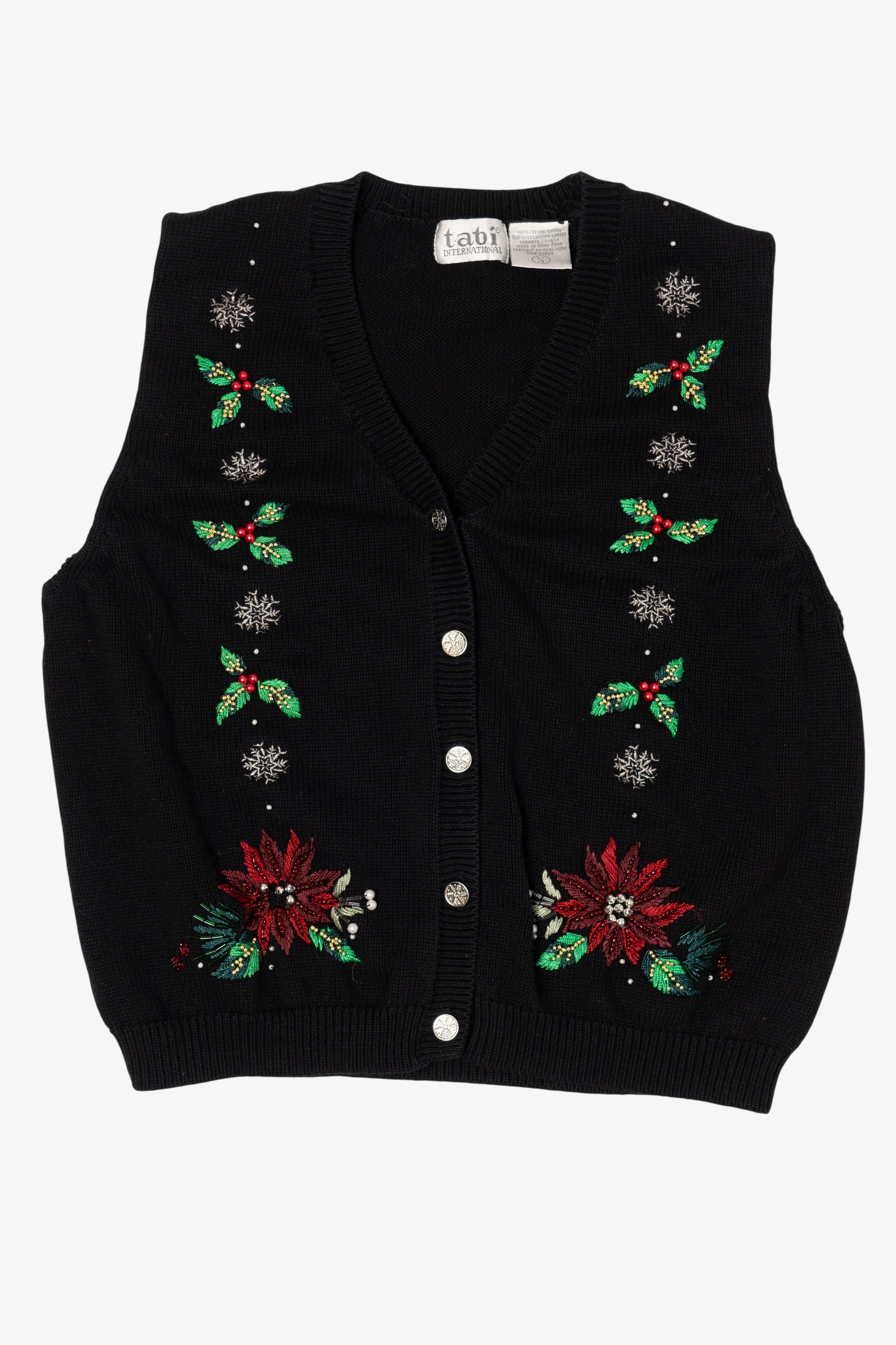 Vintage Black Tabi International Holly And Poinsettias Ugly Christmas Vest