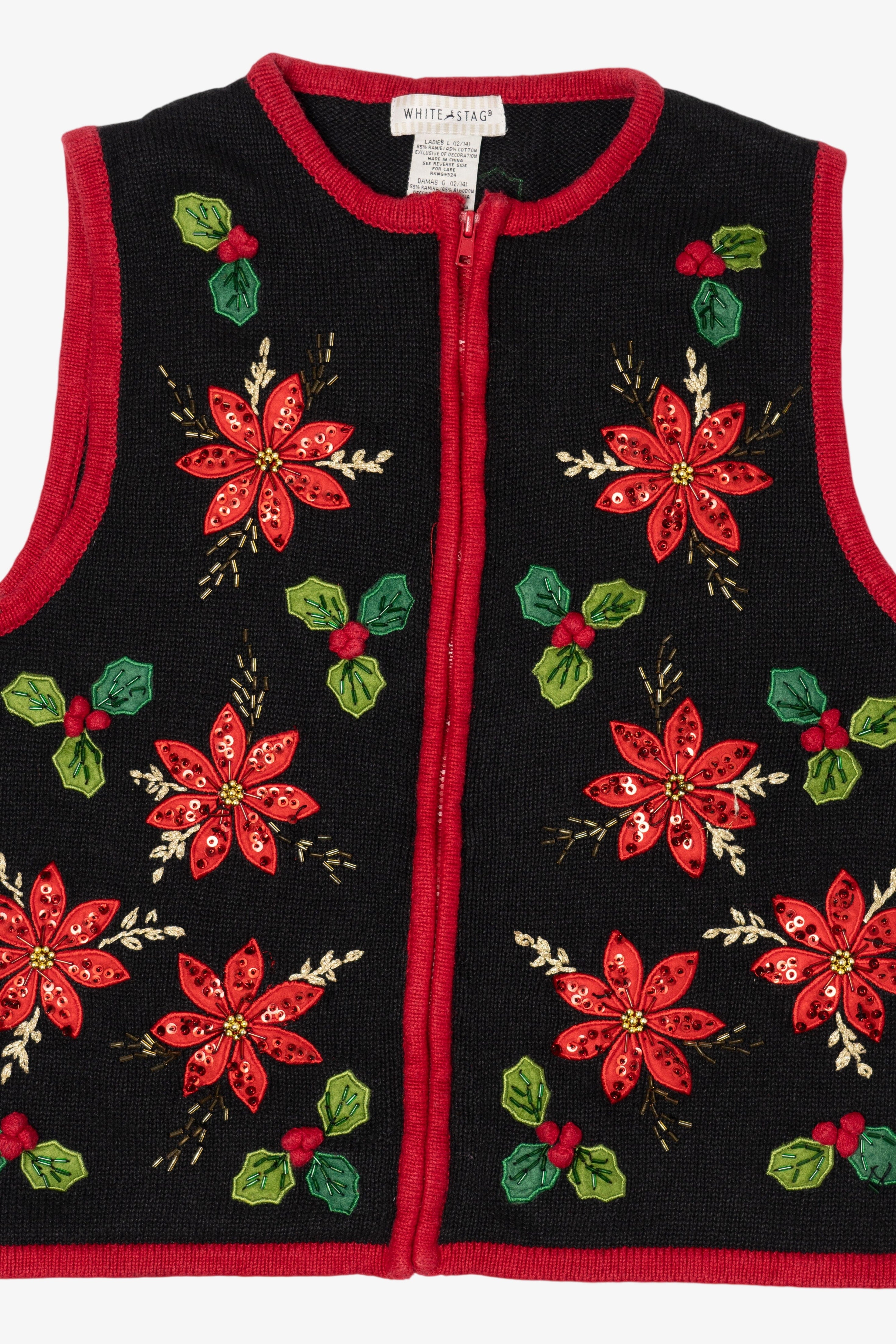 Vintage Black White Stag Poinsettias Ugly Christmas Vest (1990s)