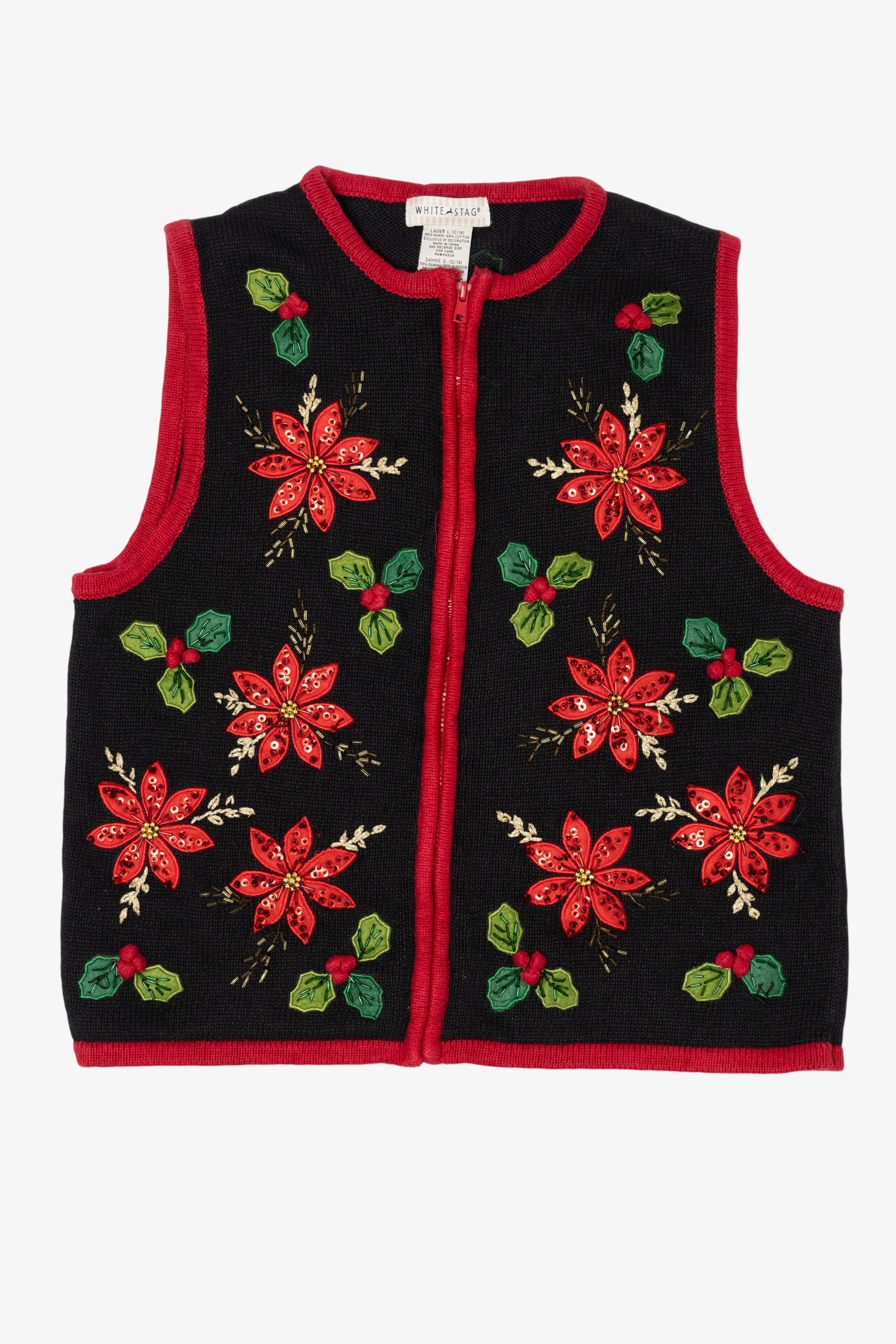 Vintage Black White Stag Poinsettias Ugly Christmas Vest (1990s)