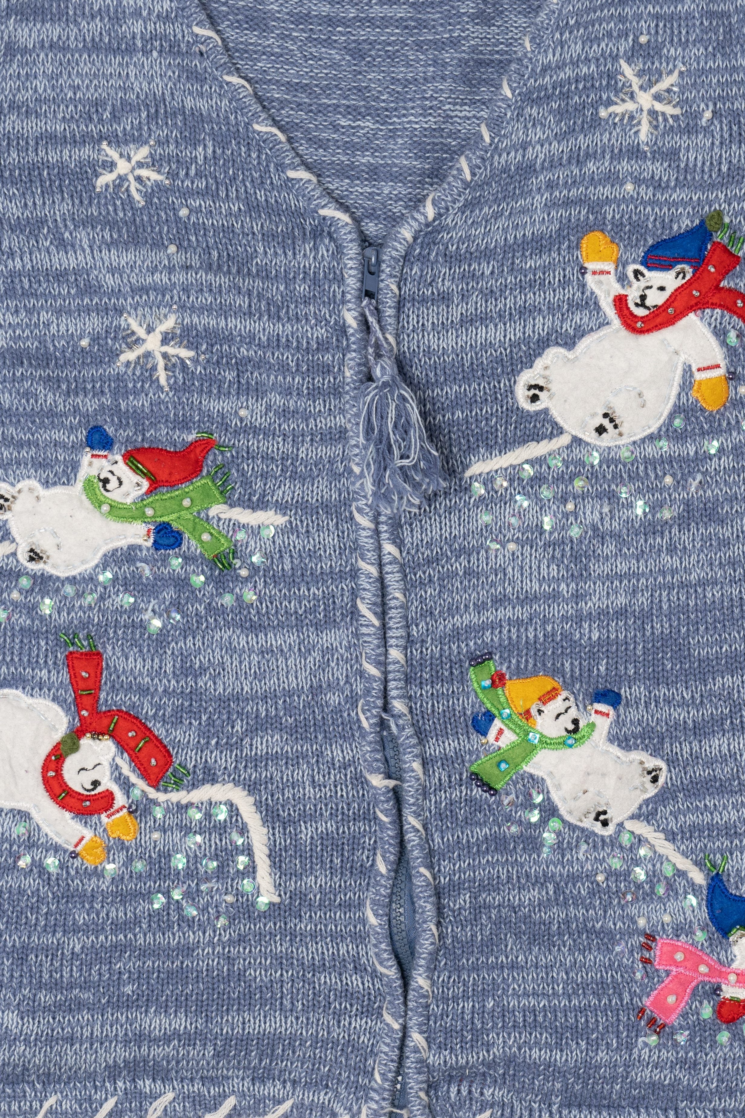 Vintage Blue Polar Bears In Scarves Ugly Christmas Vest (2000s)
