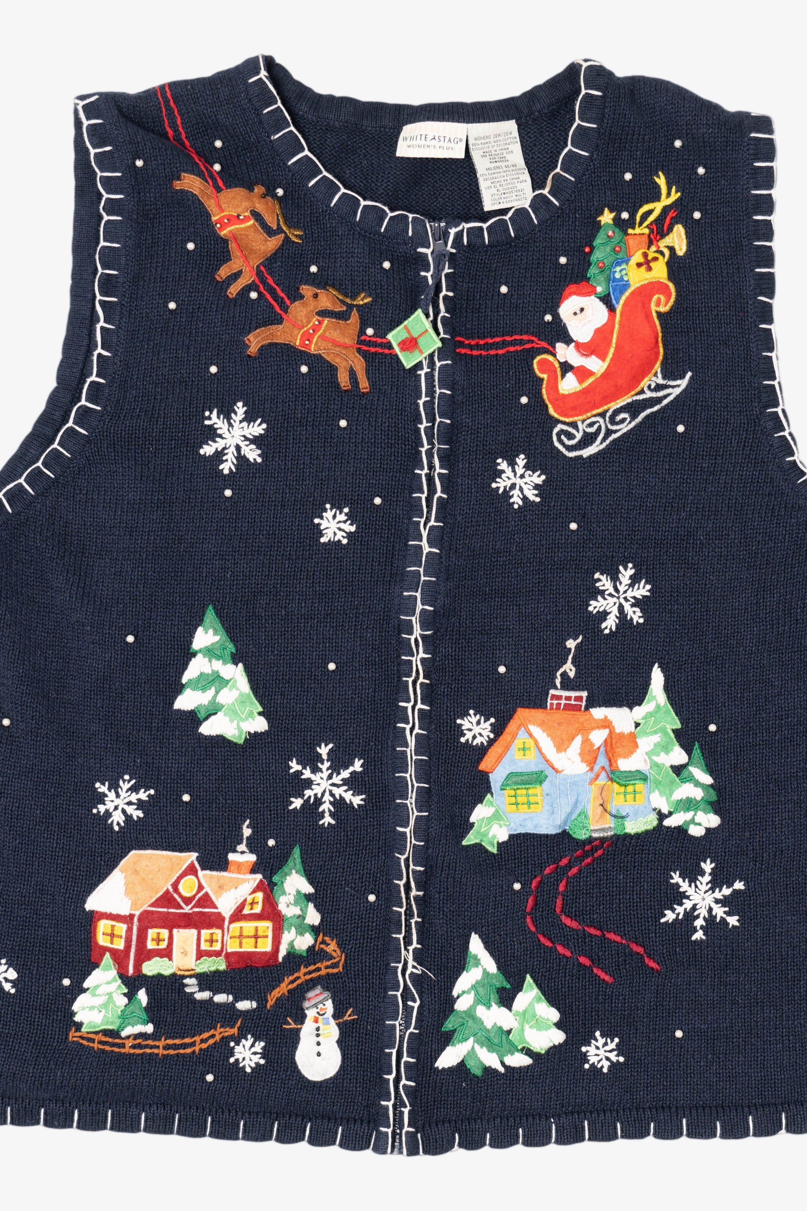 Vintage Blue White Stag Santa Flying Over Town Ugly Christmas Vest (1990s)