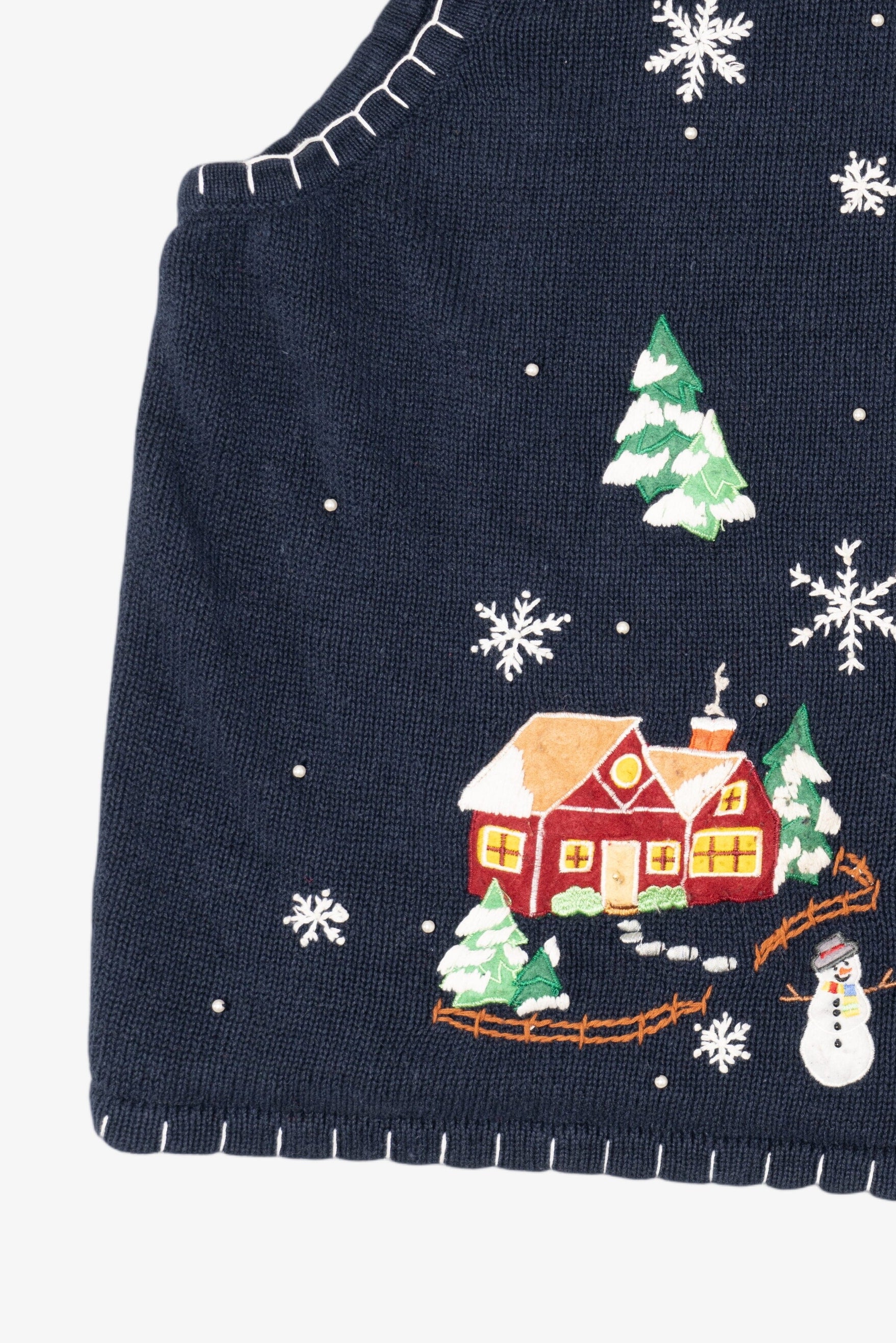 Vintage Blue White Stag Santa Flying Over Town Ugly Christmas Vest (1990s)