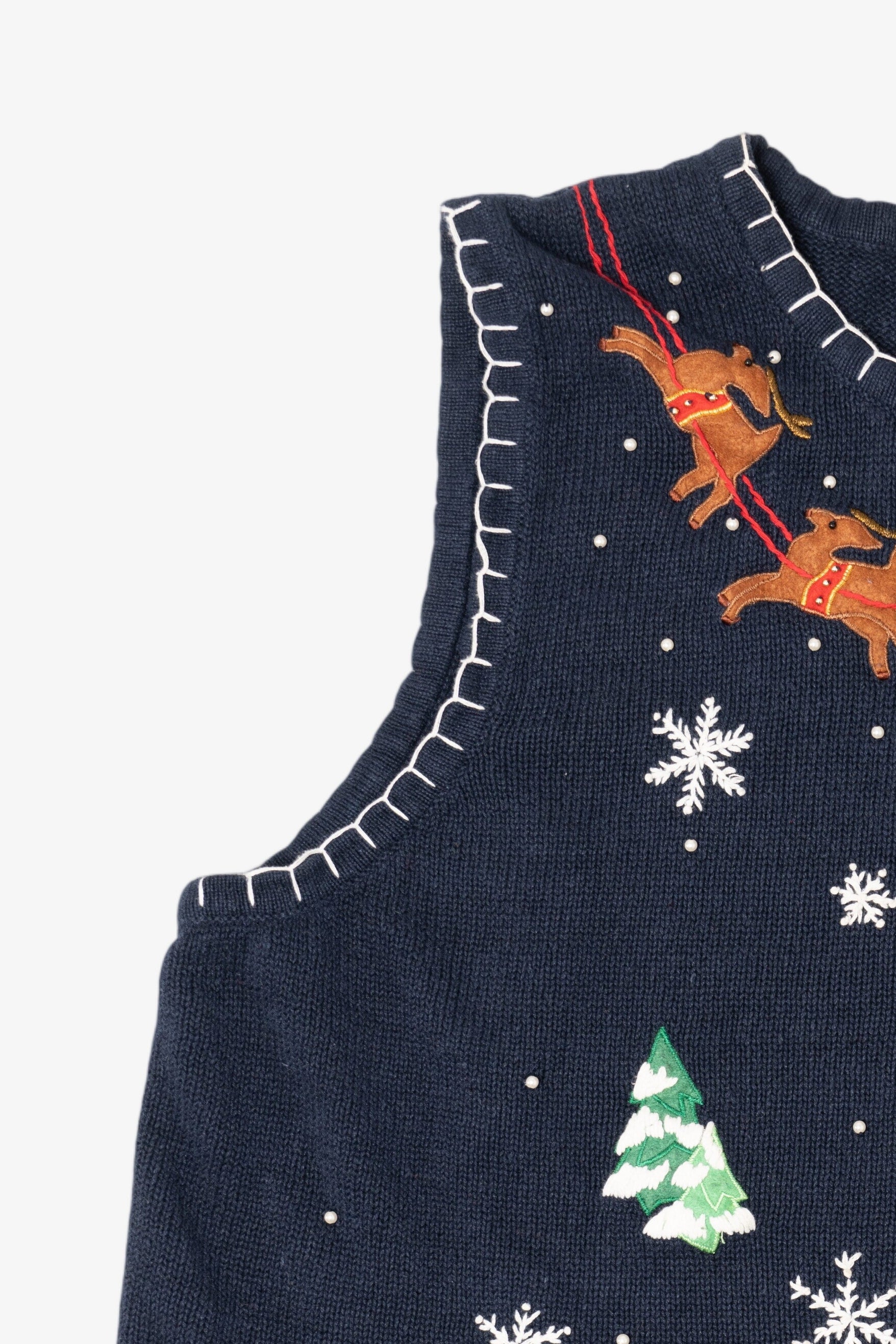 Vintage Blue White Stag Santa Flying Over Town Ugly Christmas Vest (1990s)