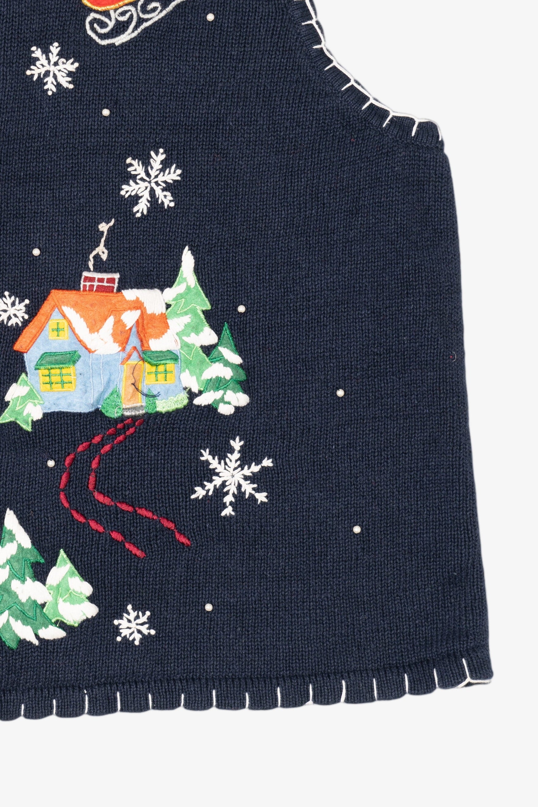 Vintage Blue White Stag Santa Flying Over Town Ugly Christmas Vest (1990s)