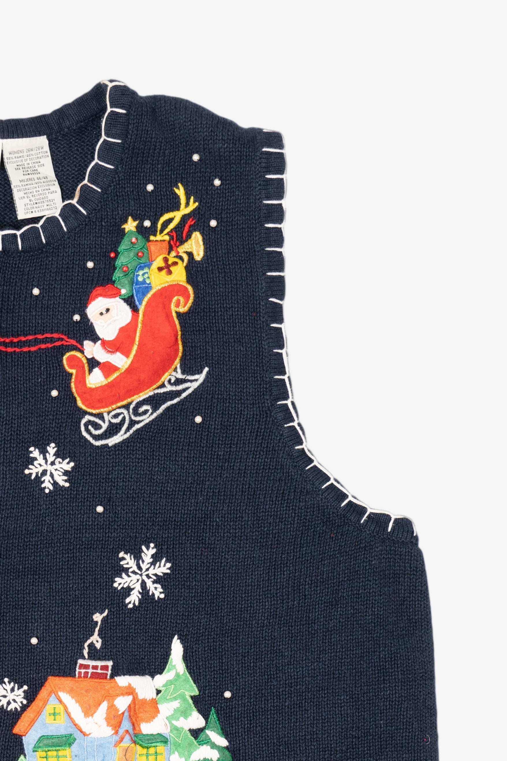 Vintage Blue White Stag Santa Flying Over Town Ugly Christmas Vest (1990s)