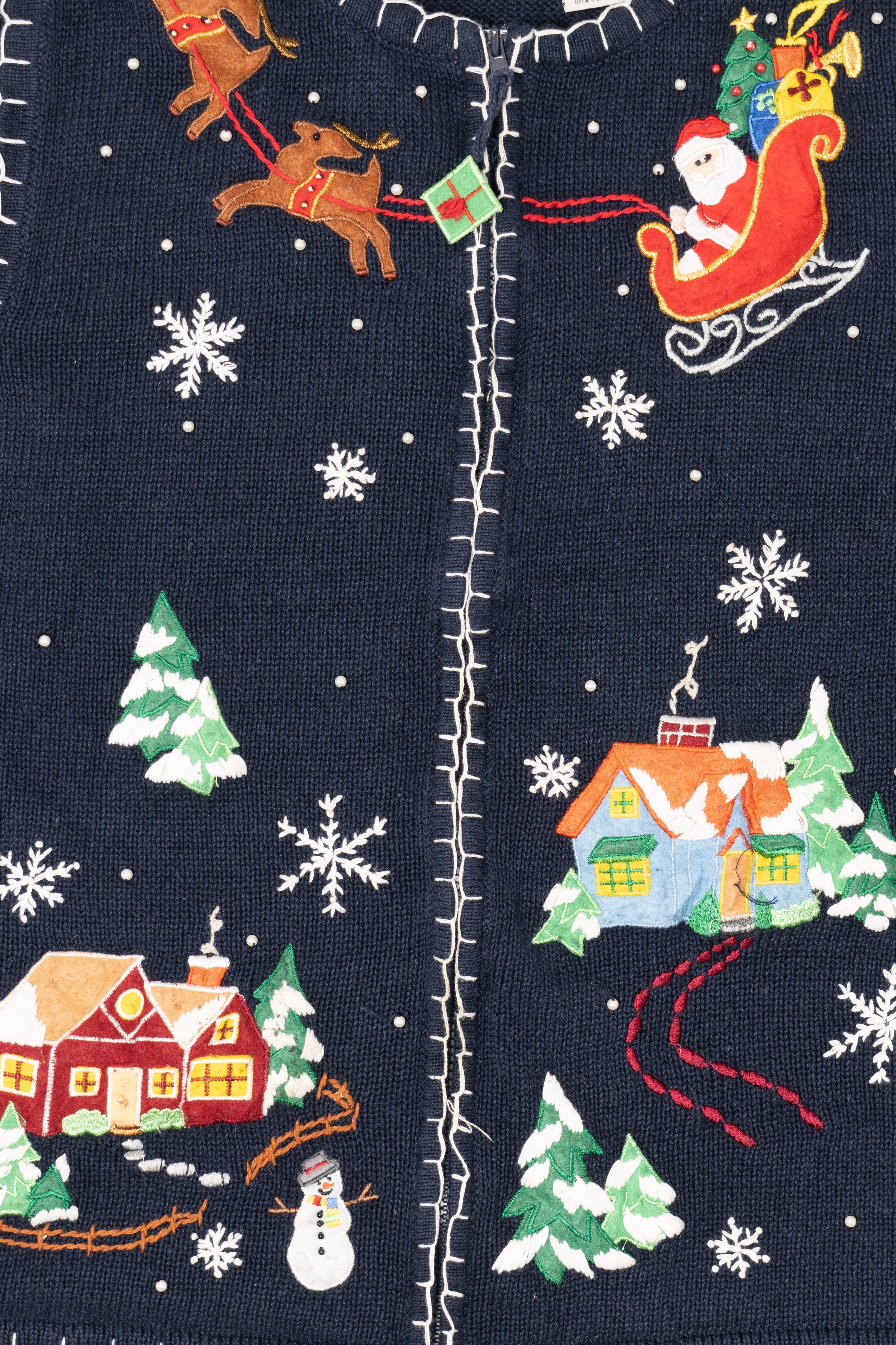 Vintage Blue White Stag Santa Flying Over Town Ugly Christmas Vest (1990s)
