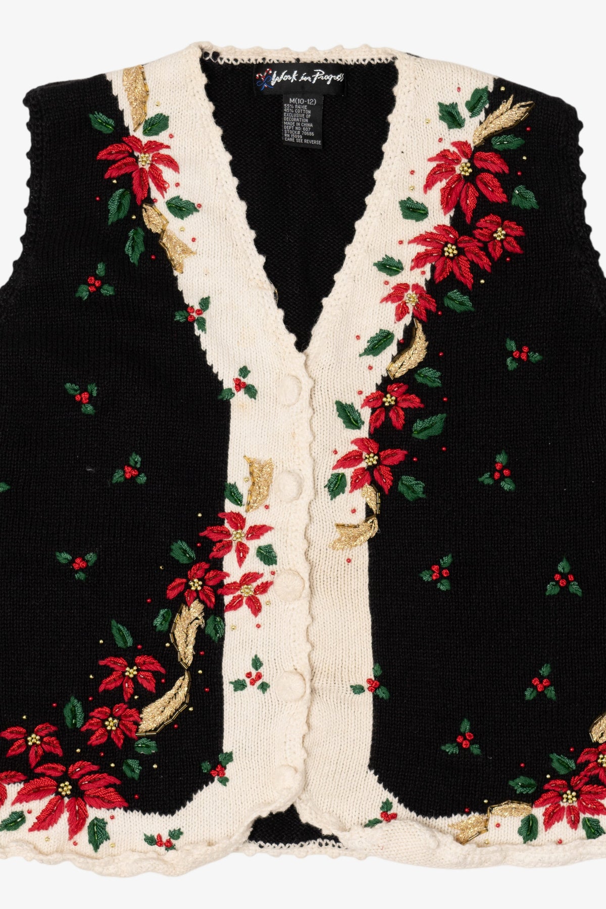 Vintage Black Work in Progress Poinsettias Ugly Christmas Vest (2000s)