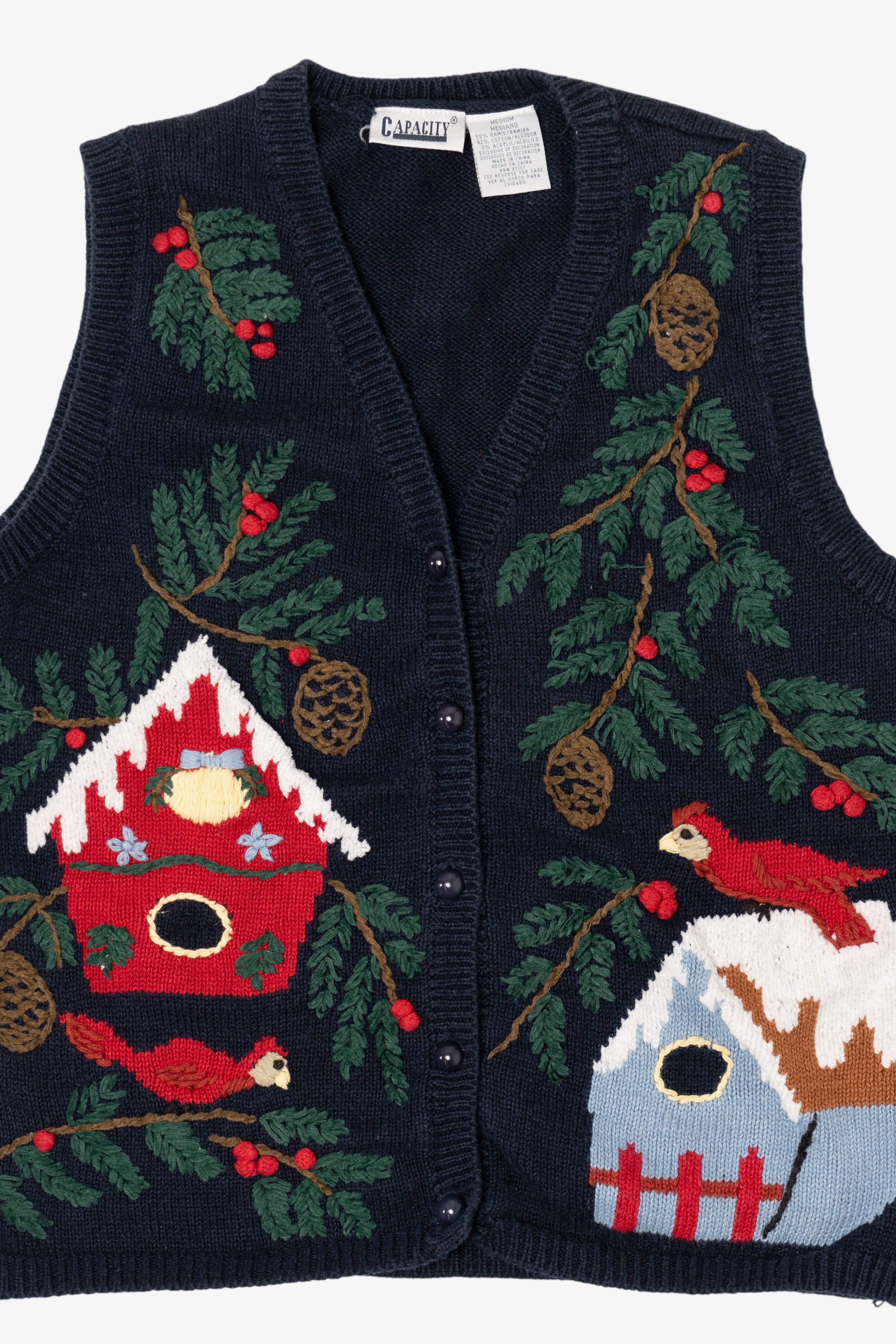 Vintage Navy Blue Capacity Bird Houses Ugly Christmas Vest (1990s)