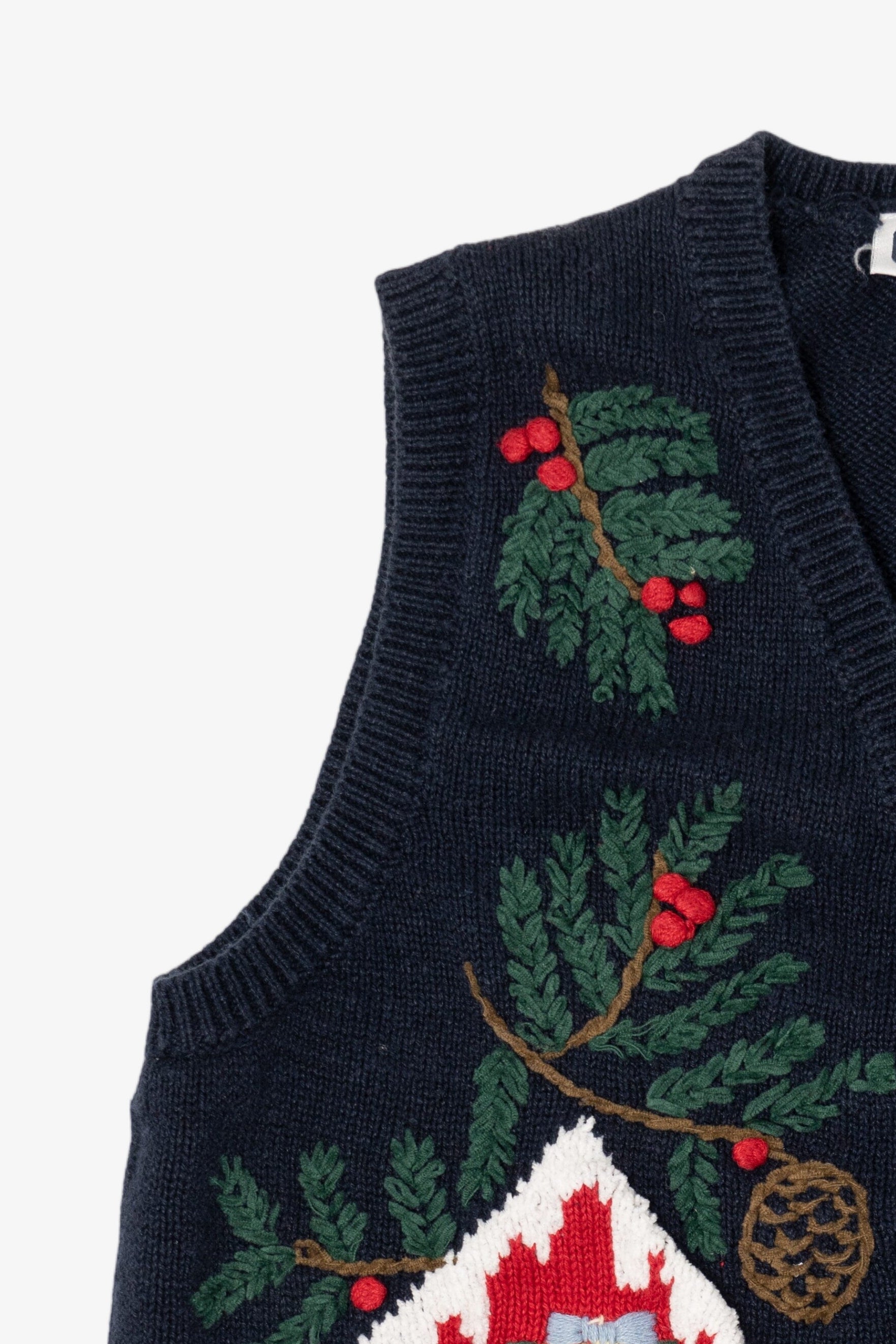 Vintage Navy Blue Capacity Bird Houses Ugly Christmas Vest (1990s)