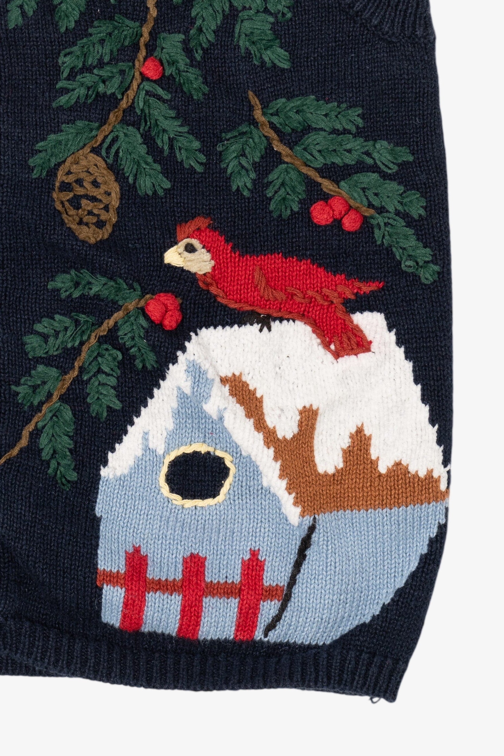 Vintage Navy Blue Capacity Bird Houses Ugly Christmas Vest (1990s)