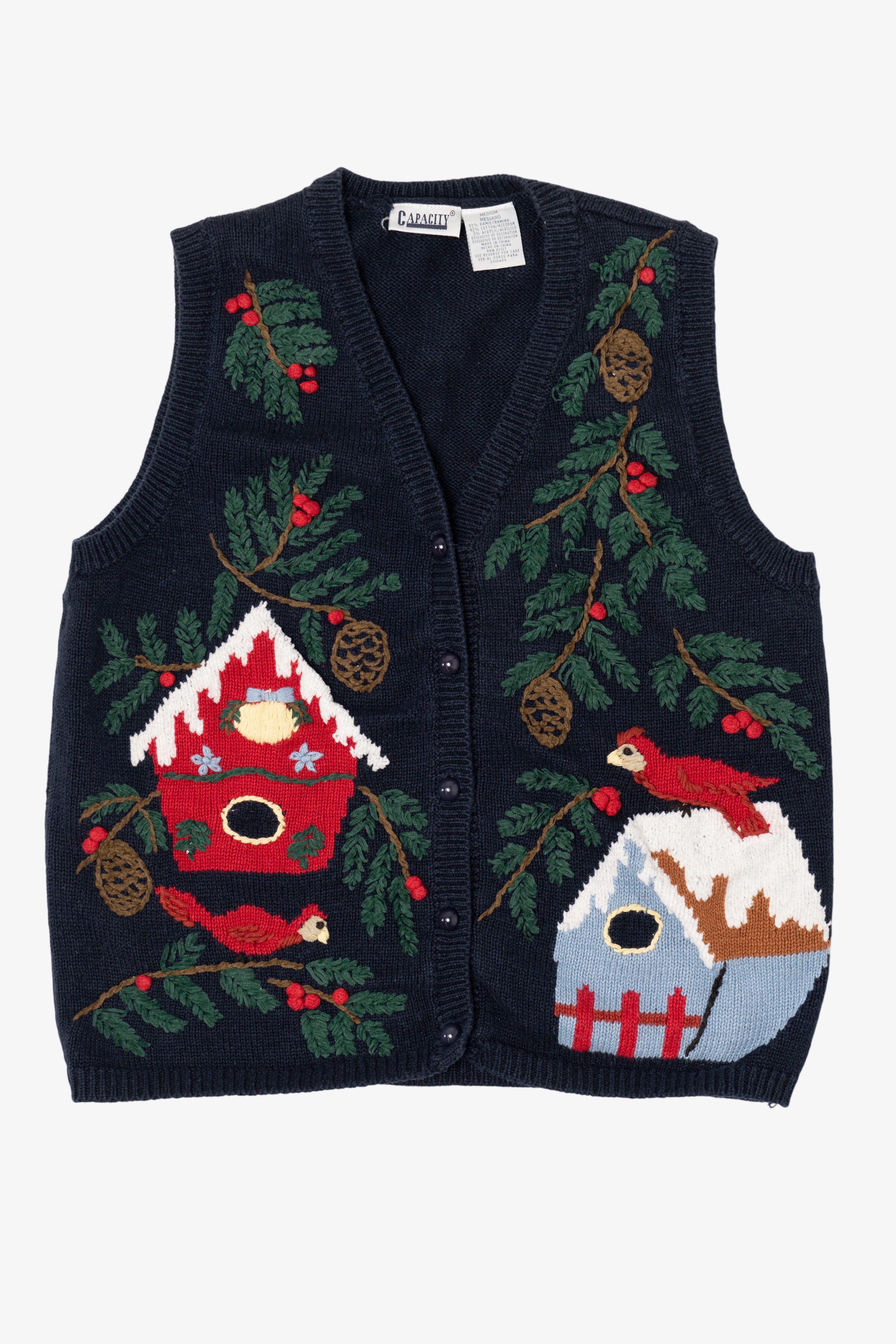 Vintage Navy Blue Capacity Bird Houses Ugly Christmas Vest (1990s)