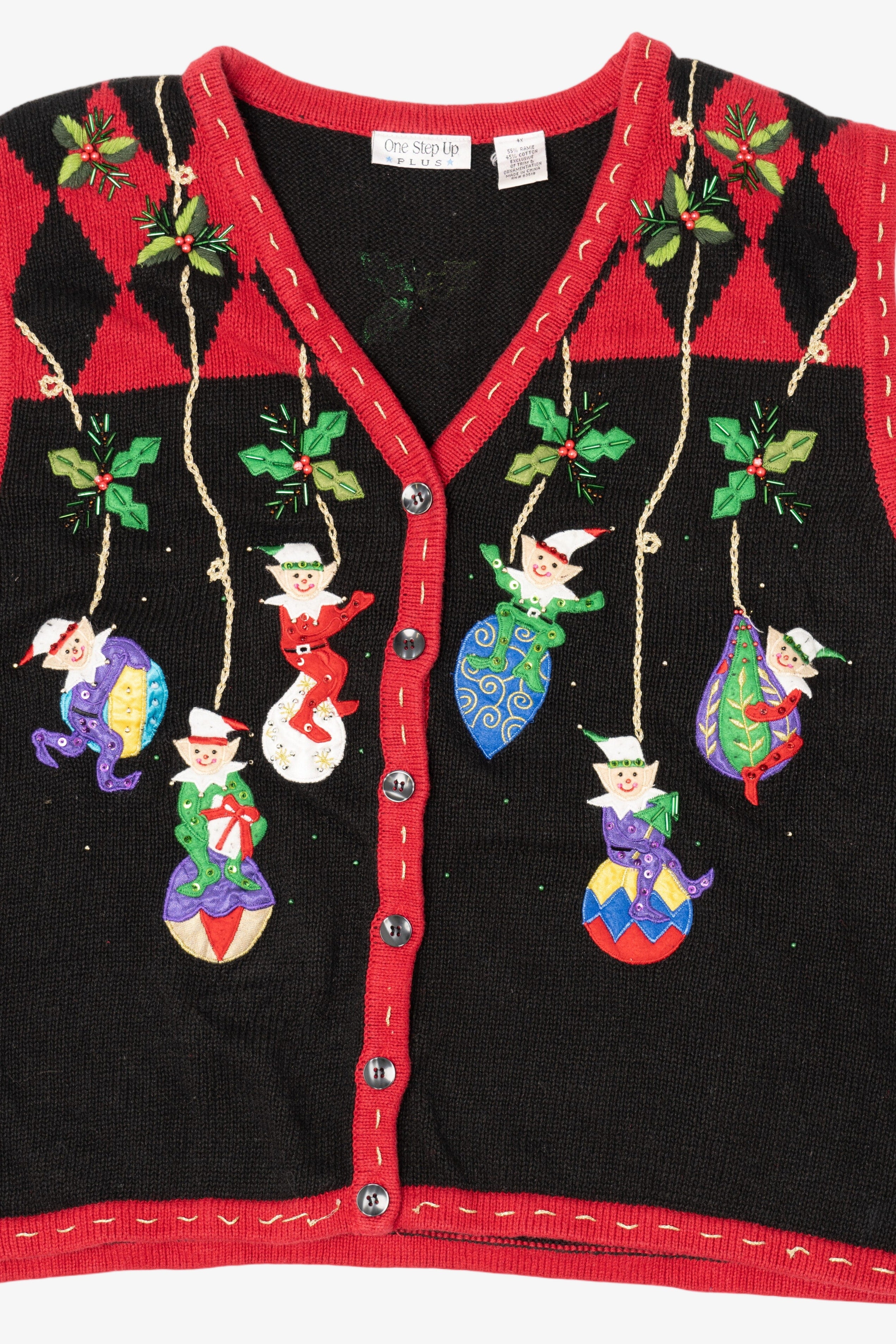 Vintage Black One Step Up Elves On Ornaments Ugly Christmas Vest (2000s)