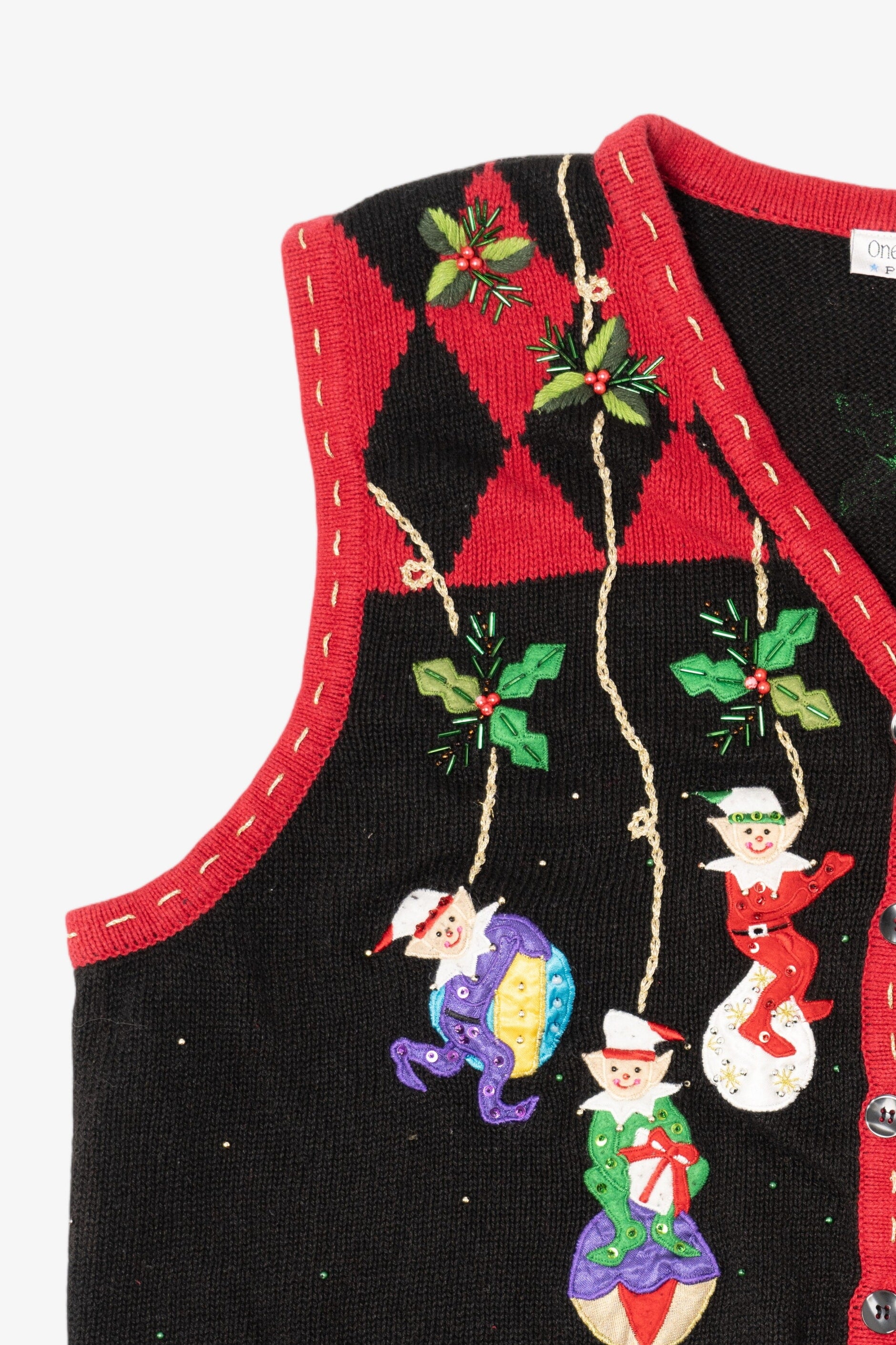 Vintage Black One Step Up Elves On Ornaments Ugly Christmas Vest (2000s)