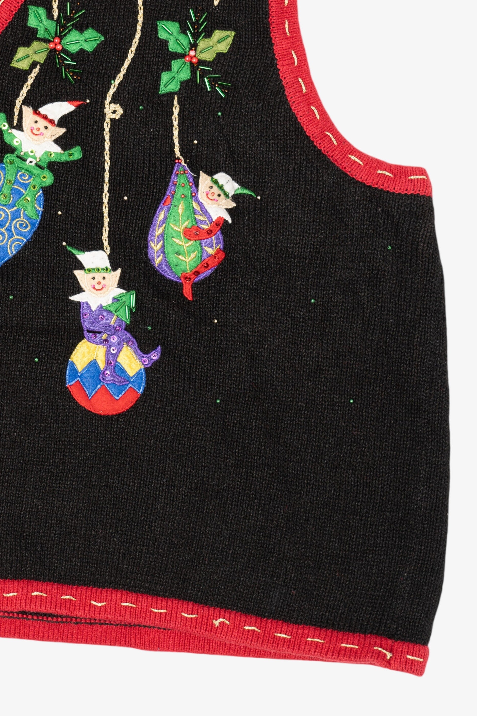 Vintage Black One Step Up Elves On Ornaments Ugly Christmas Vest (2000s)