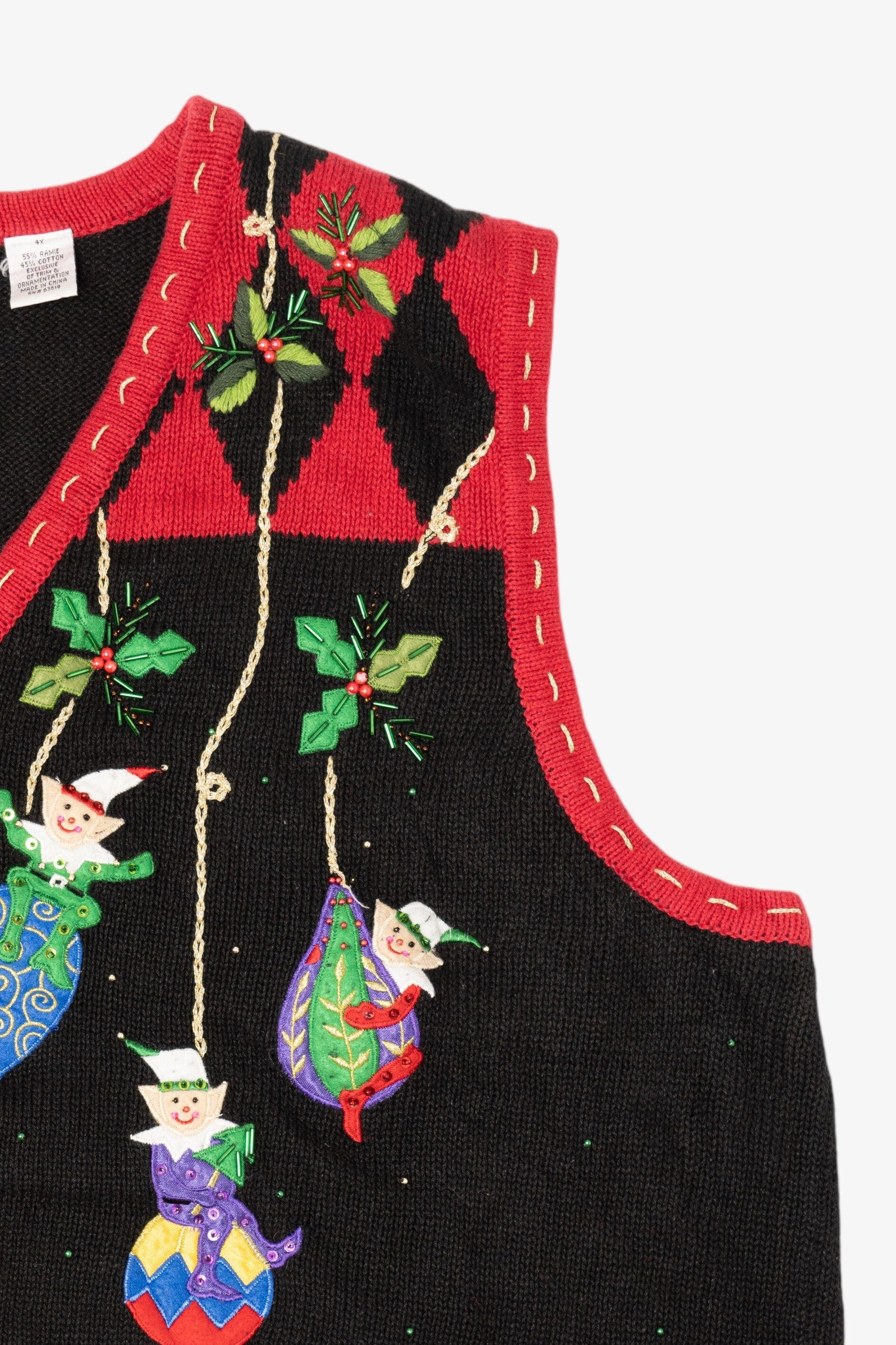 Vintage Black One Step Up Elves On Ornaments Ugly Christmas Vest (2000s)