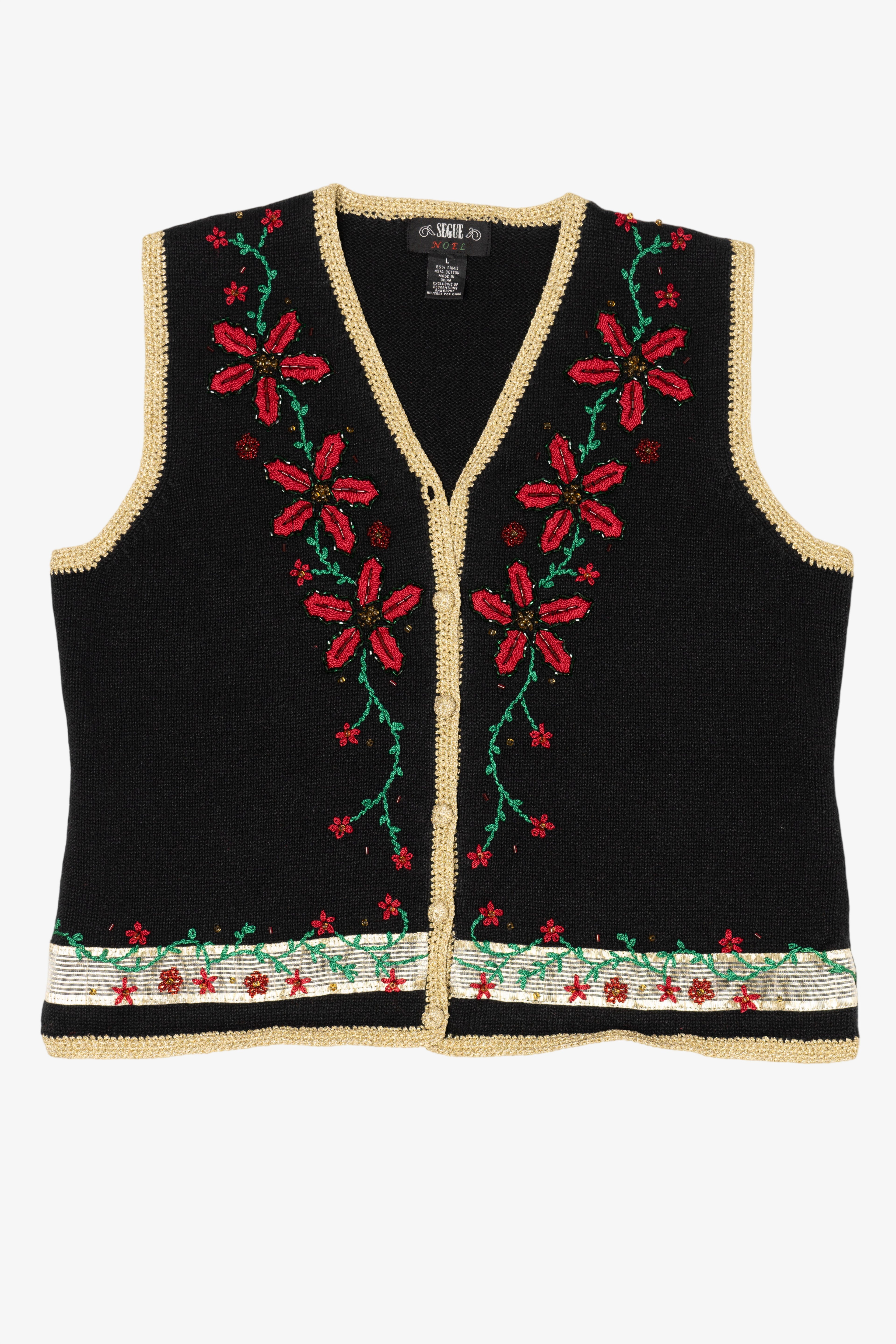 Vintage Black Segue Poinsettias Ugly Christmas Vest (1990s)