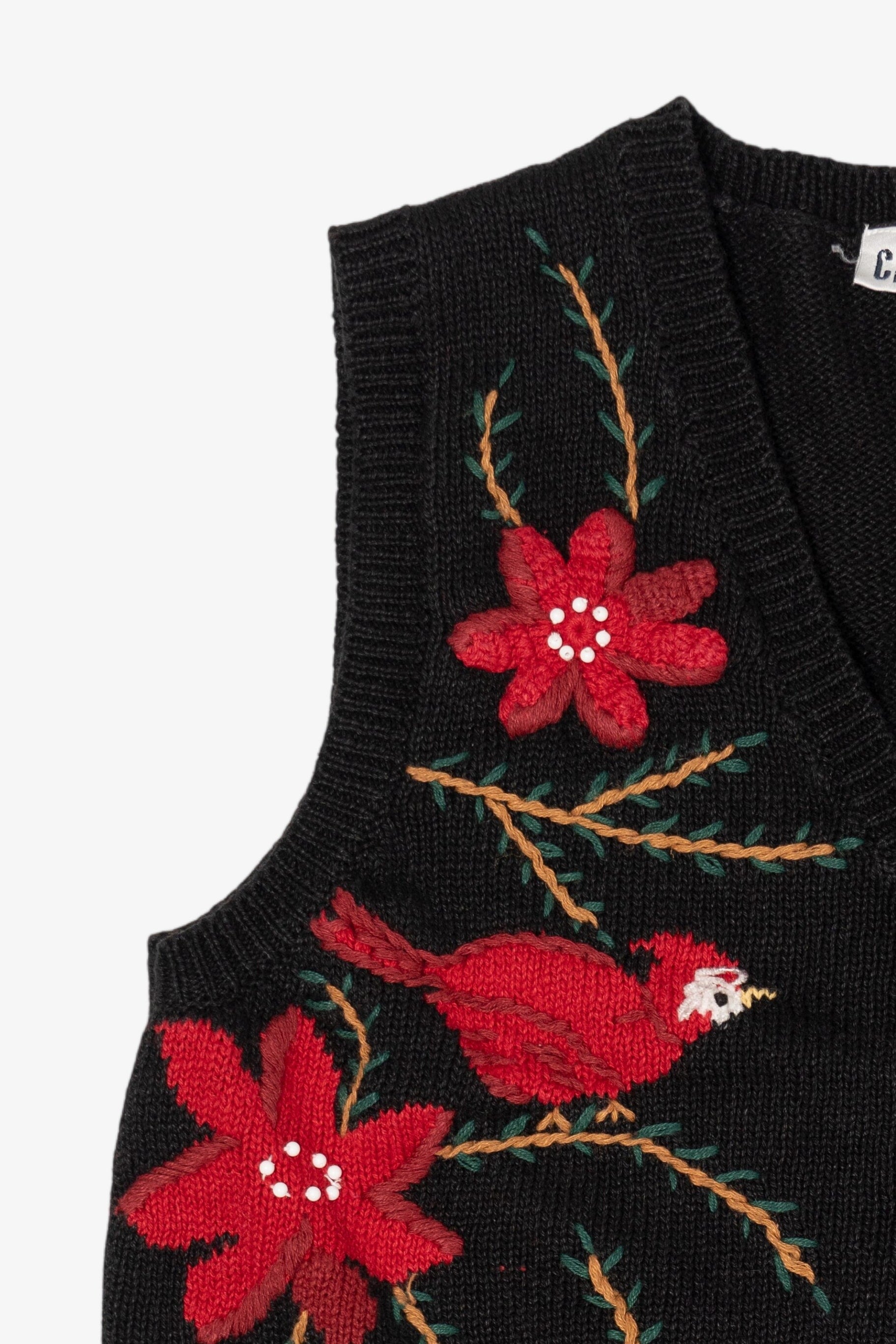 Vintage Black Capacity Poinsettias And Cardinals Ugly Christmas Vest (2000s)