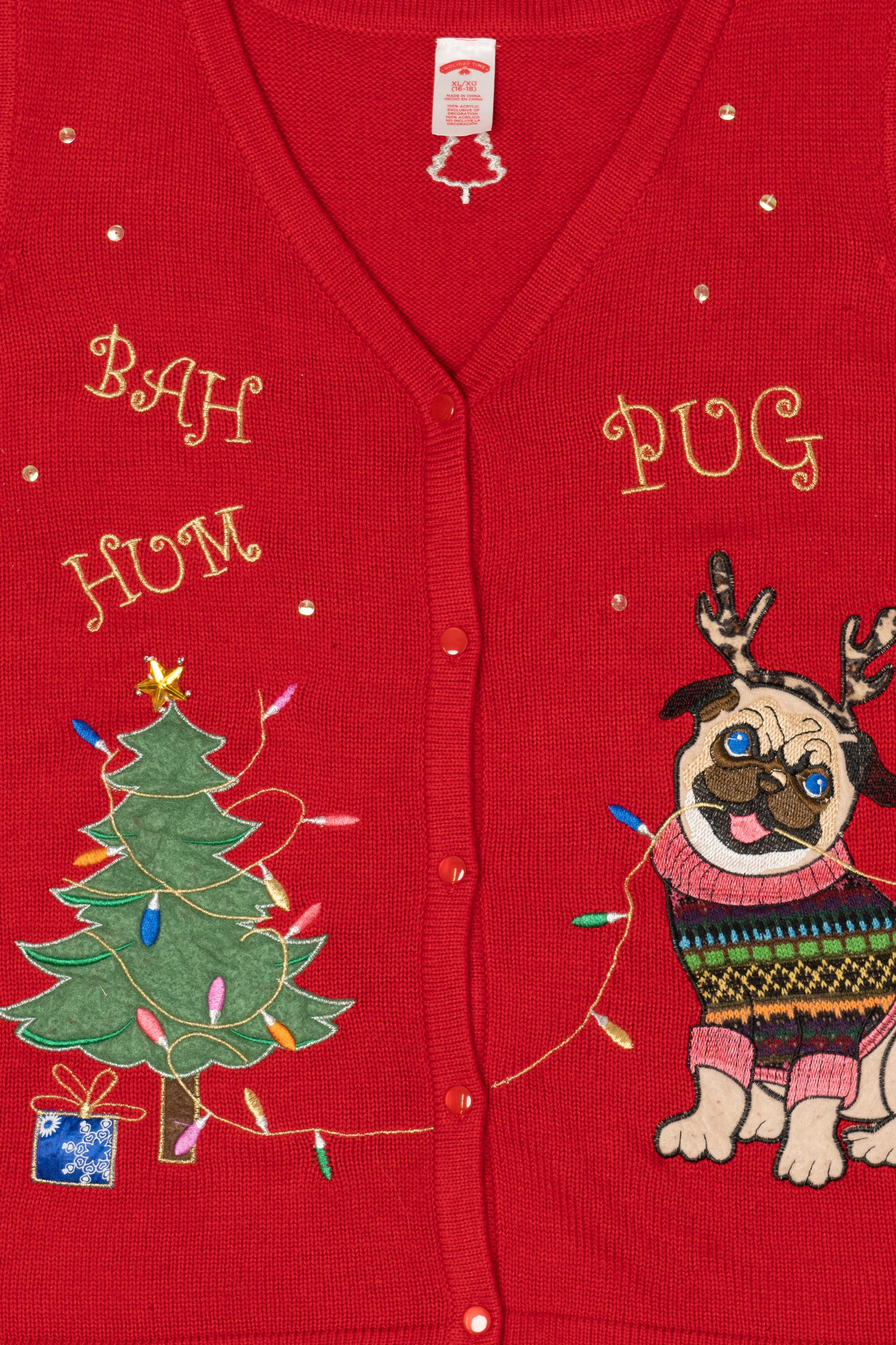 Vintage Red Holiday Time "Bah Hum-Pug" Ugly Christmas Vest (2000s)