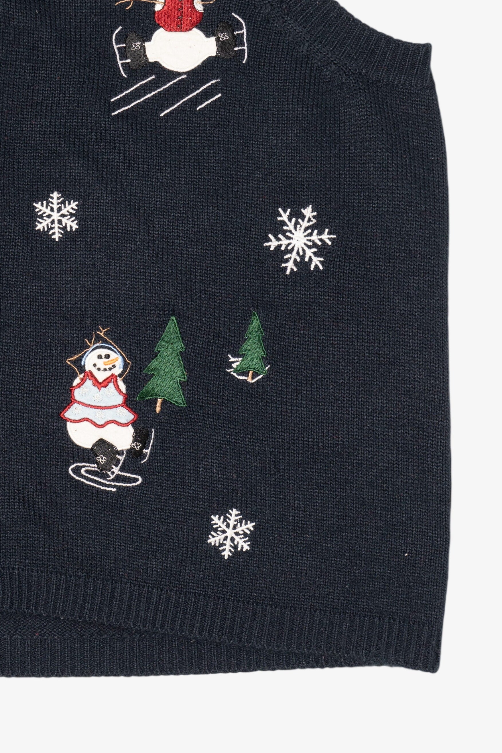 Vintage Navy Blue Holiday Joy Snowmen Ugly Christmas Vest (1990s)