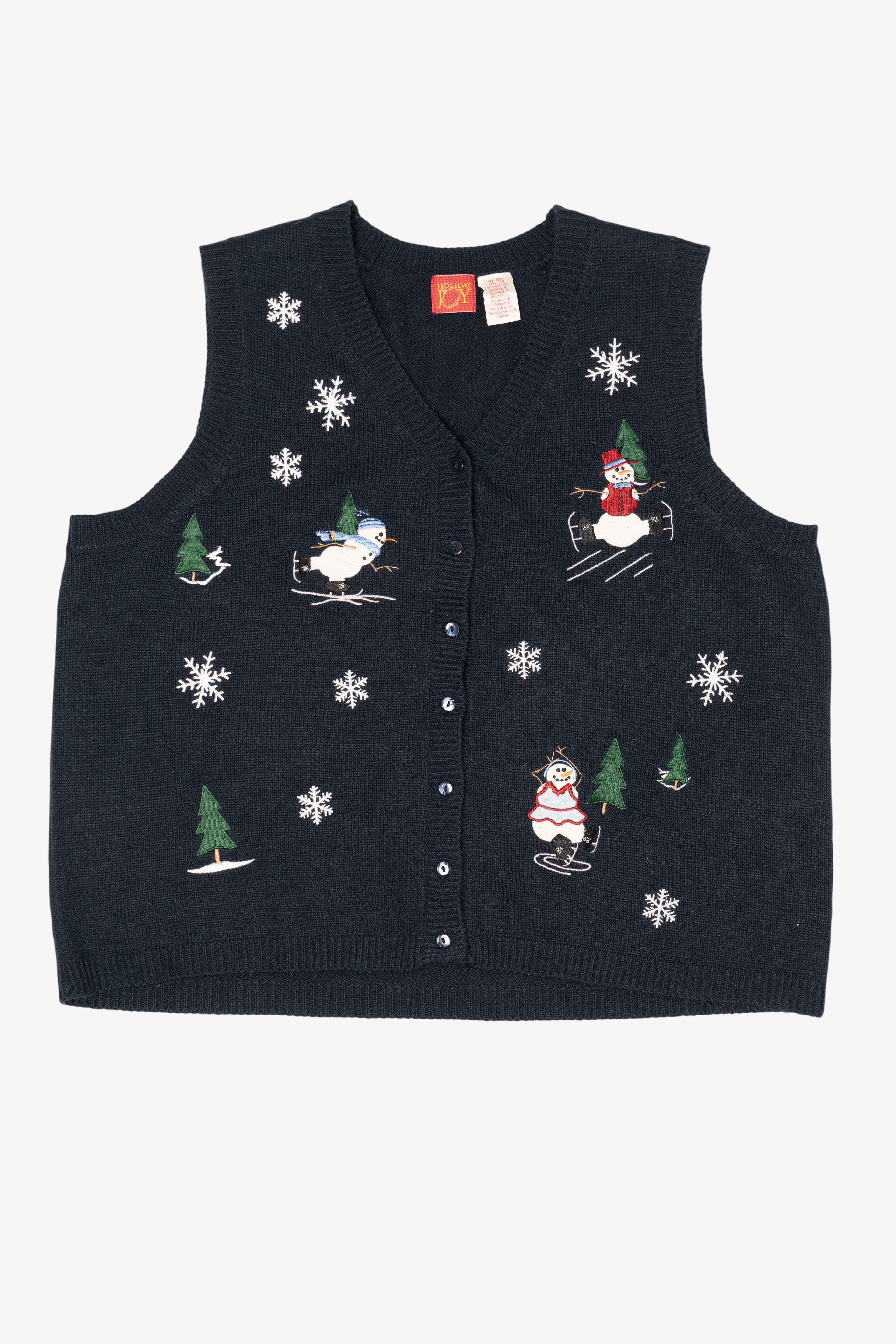 Vintage Navy Blue Holiday Joy Snowmen Ugly Christmas Vest (1990s)