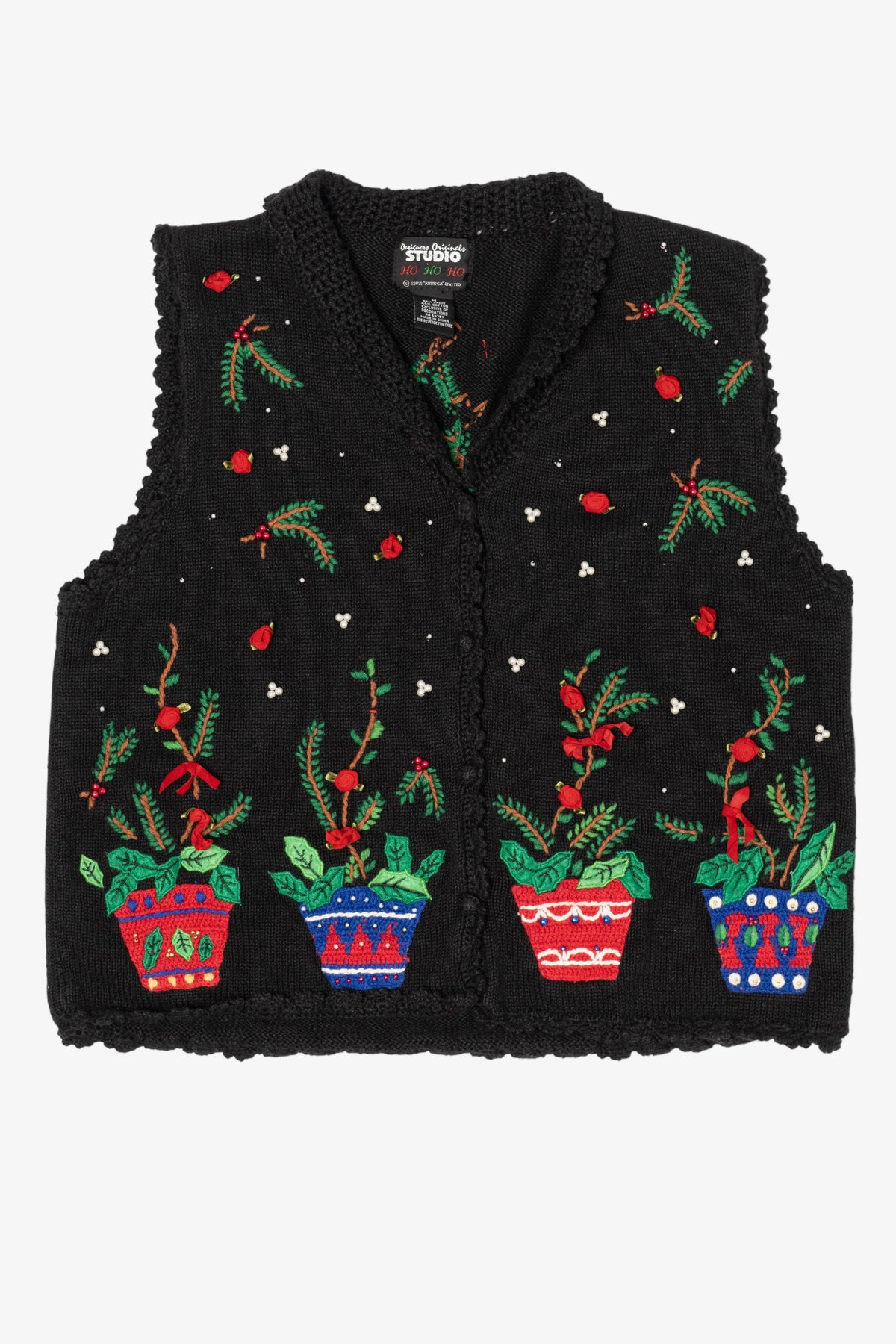 Vintage Black Holly And Roses Ugly Christmas Vest (1990s)