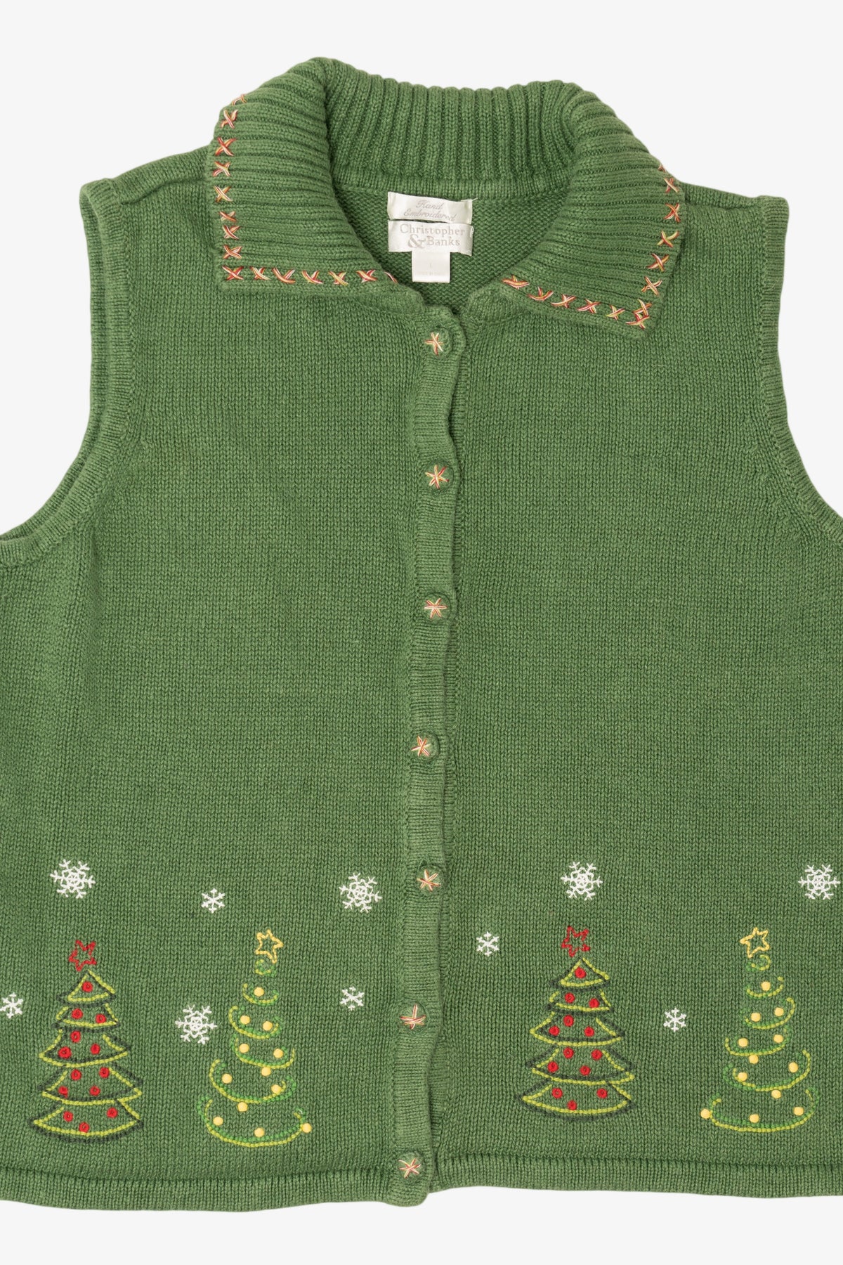 Vintage Green Hand Embroidered Christopher & Banks Trees Ugly Christmas Vest (1990s)