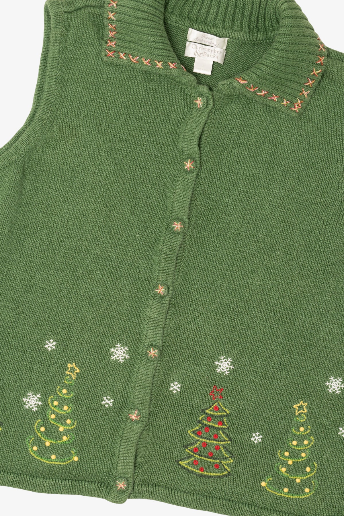Vintage Green Hand Embroidered Christopher & Banks Trees Ugly Christmas Vest (1990s)
