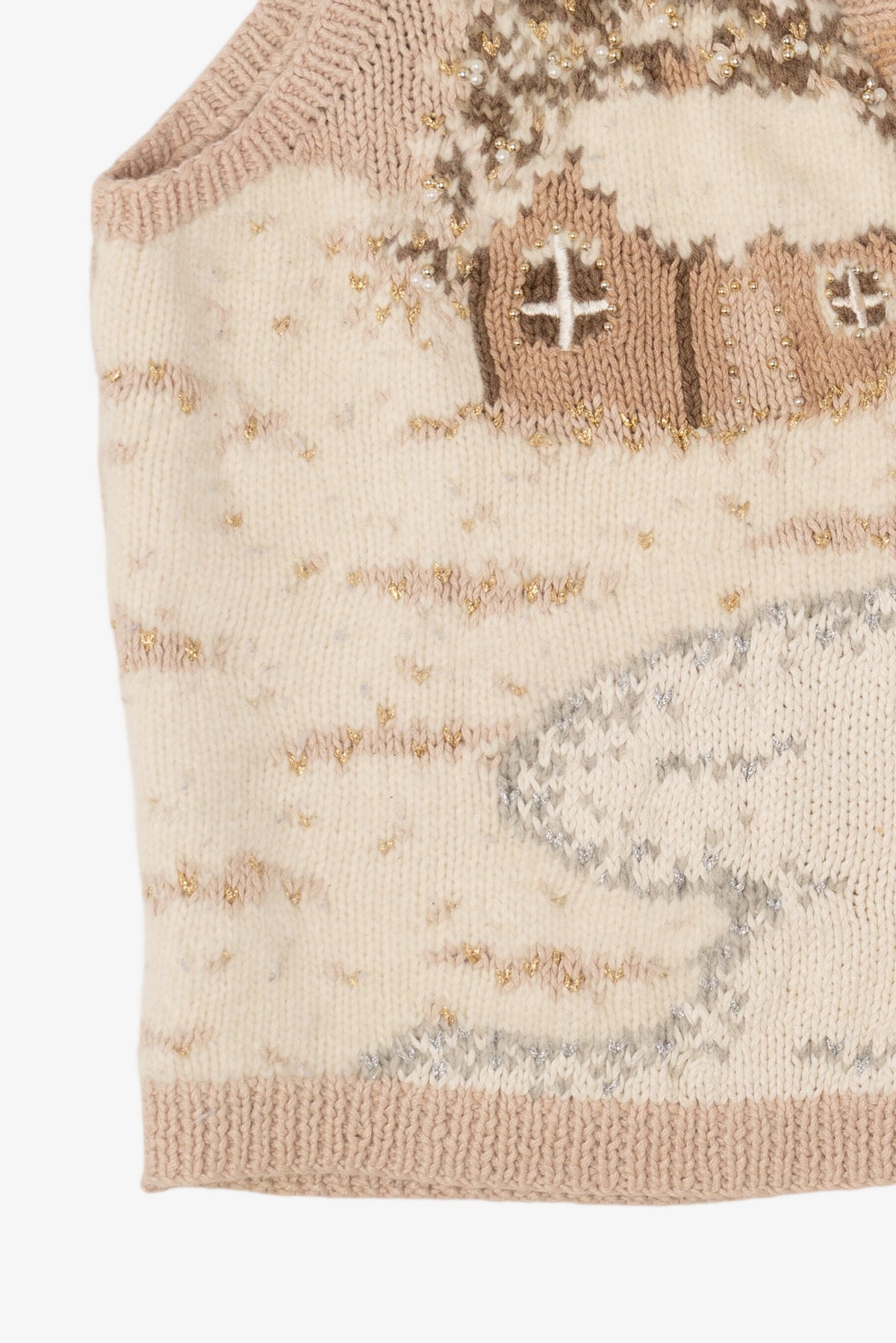 Vintage Hand Knit Beige Marisa Christina Landscape Ugly Christmas Vest (1990s)
