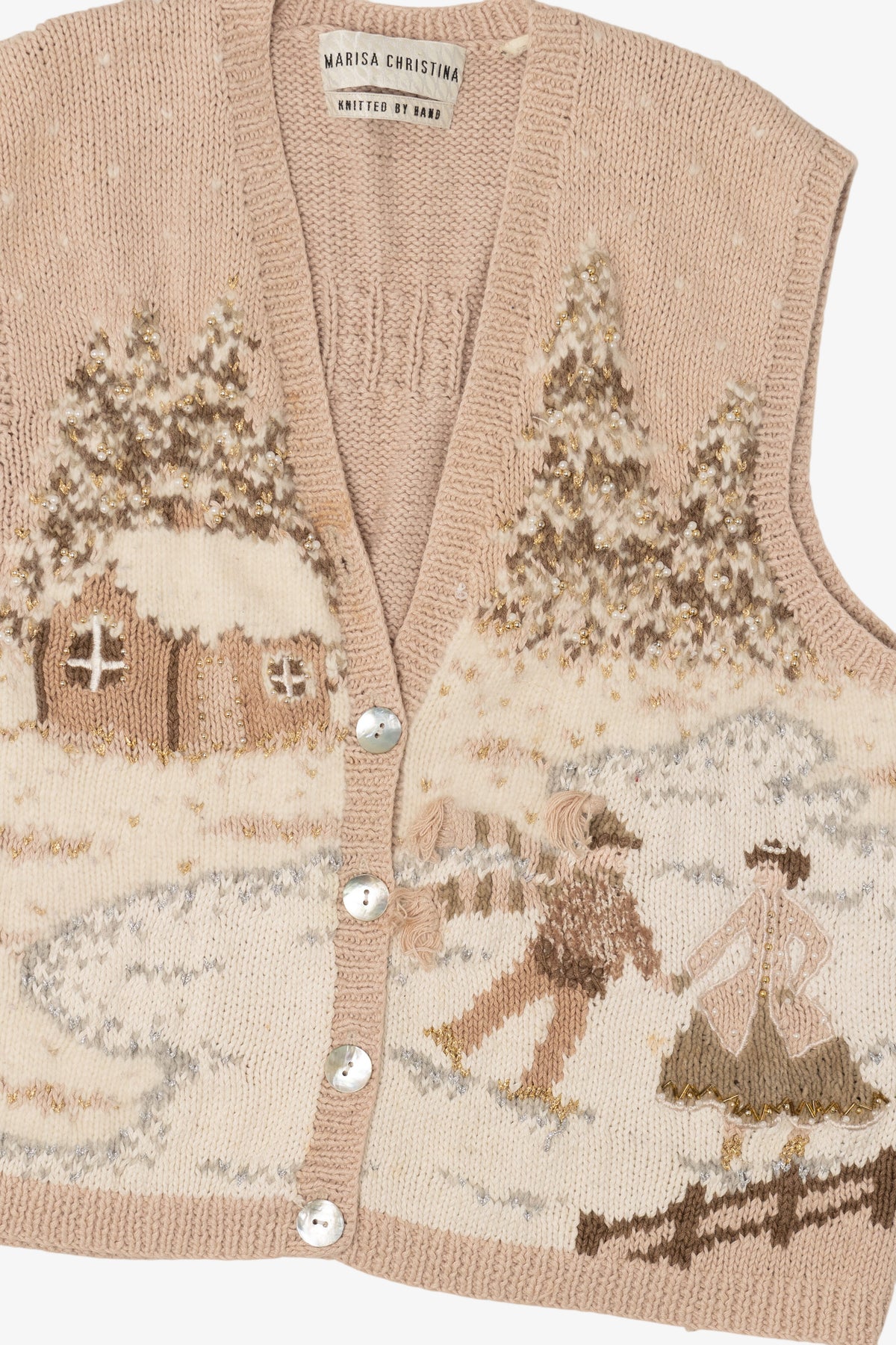 Vintage Hand Knit Beige Marisa Christina Landscape Ugly Christmas Vest (1990s)