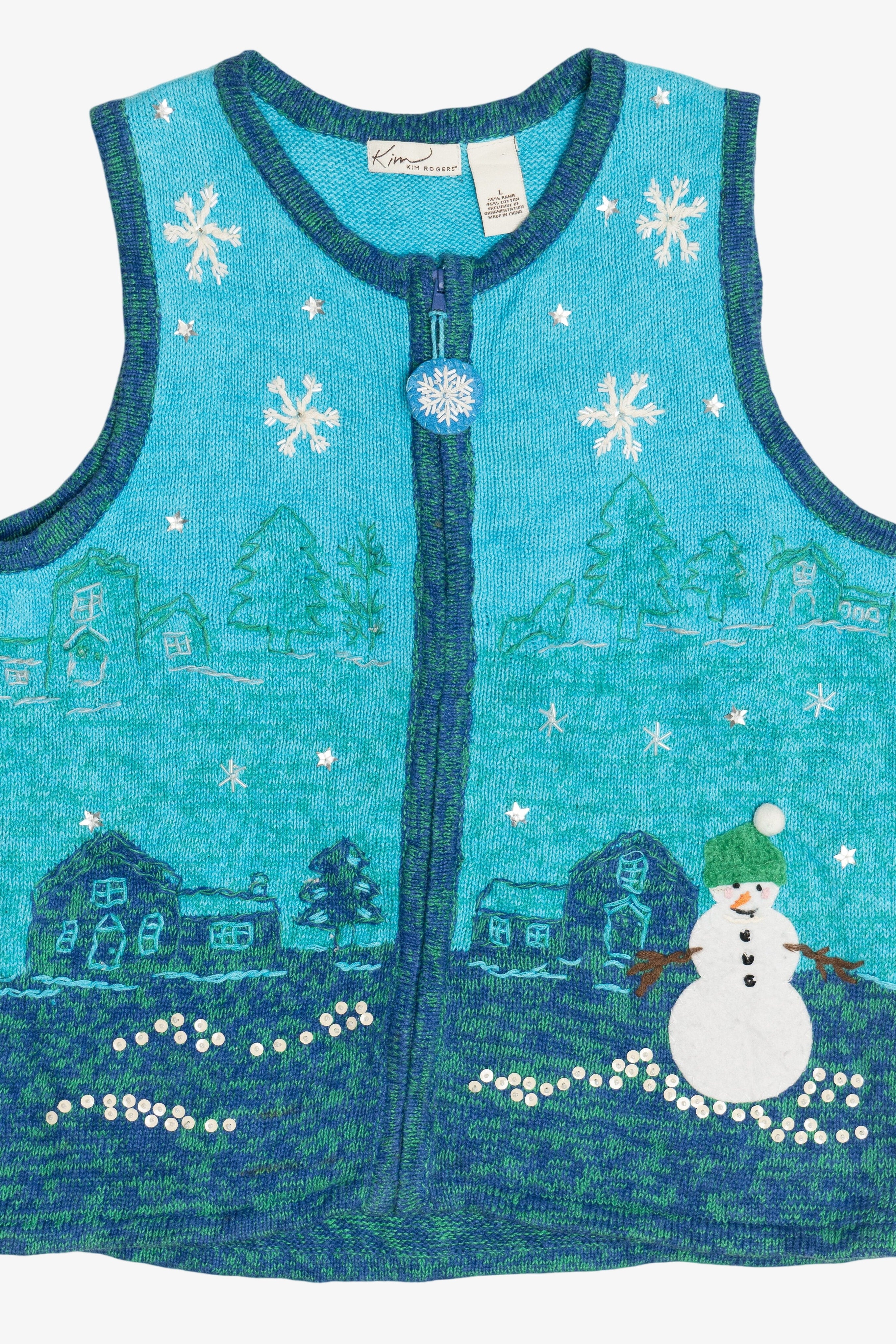 Vintage Kim Rogers Snowman Embroidered Scenery Ugly Christmas Vest (1990s)