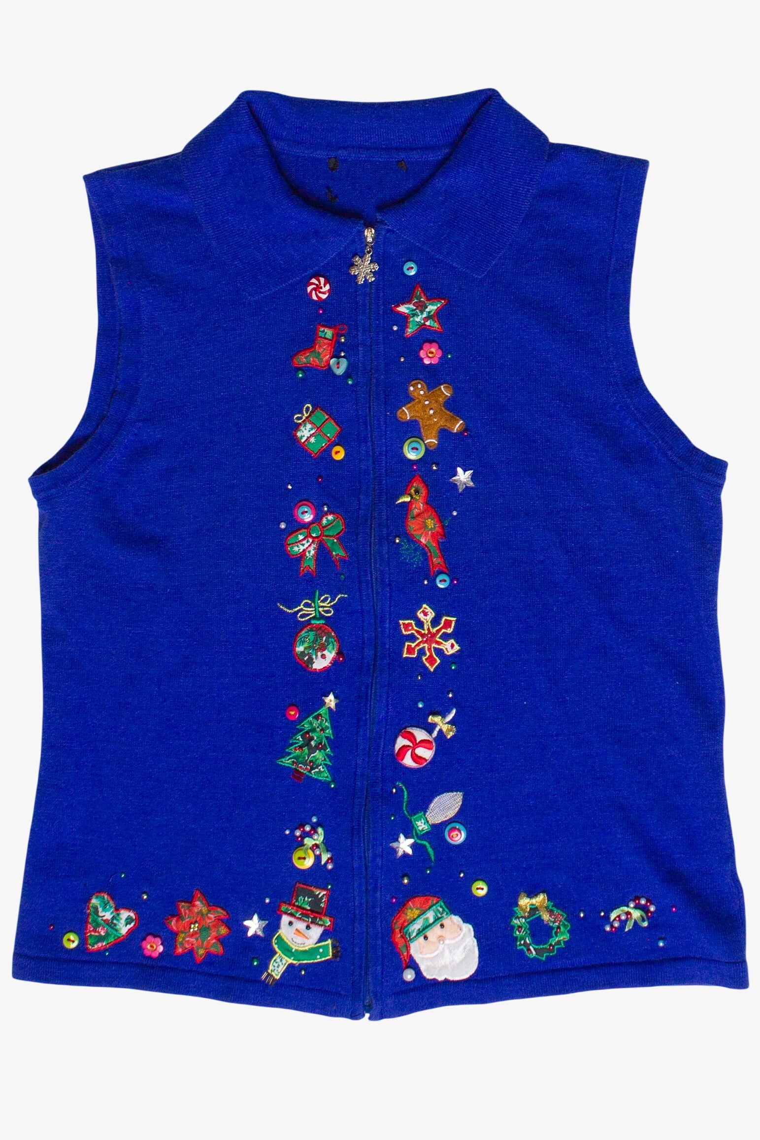Vintage Whimsical Buttons Patches Zip Up Ugly Christmas Vest