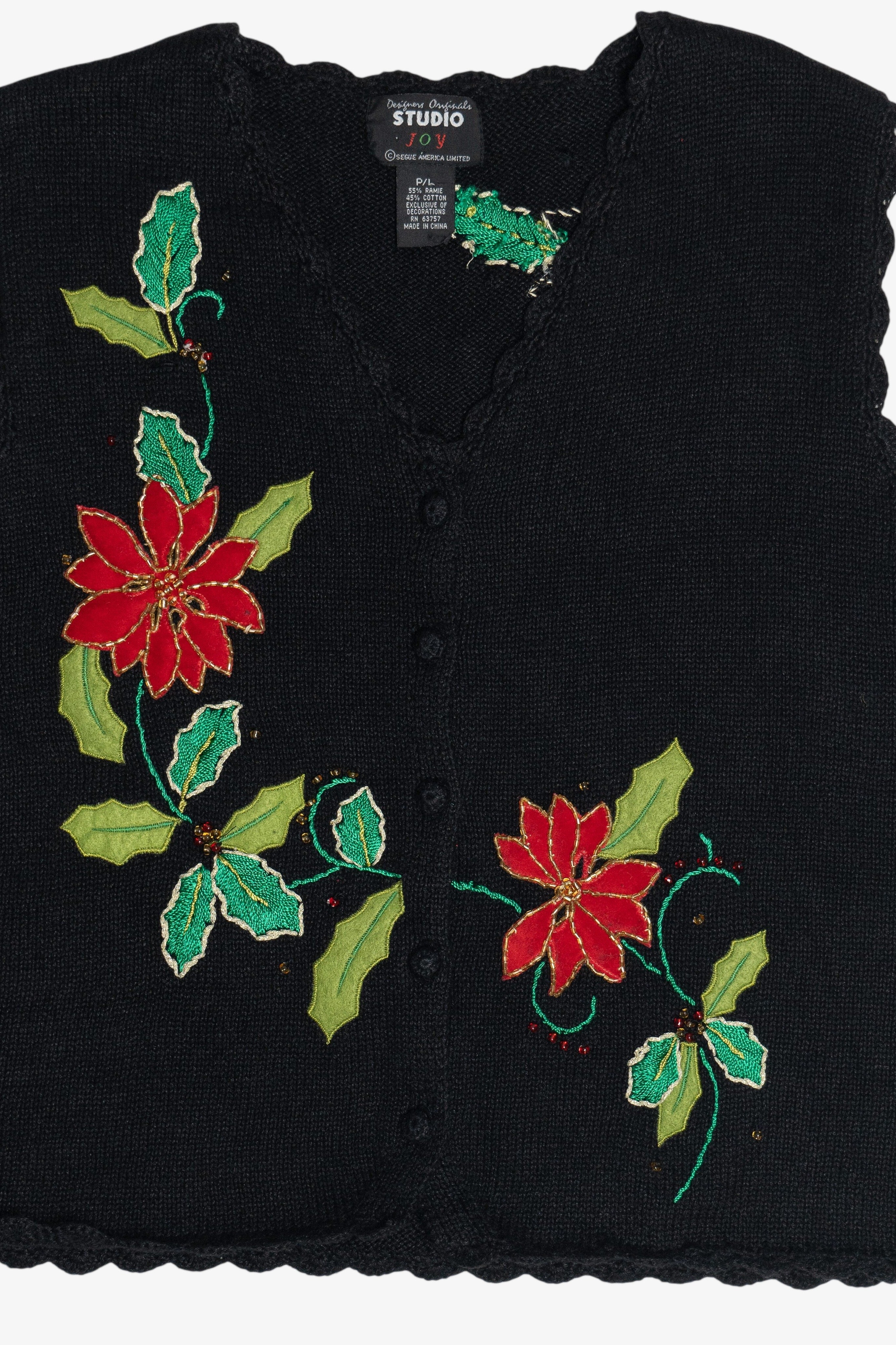 Vintage Black Poinsettia Ugly Christmas Vest (1990s)