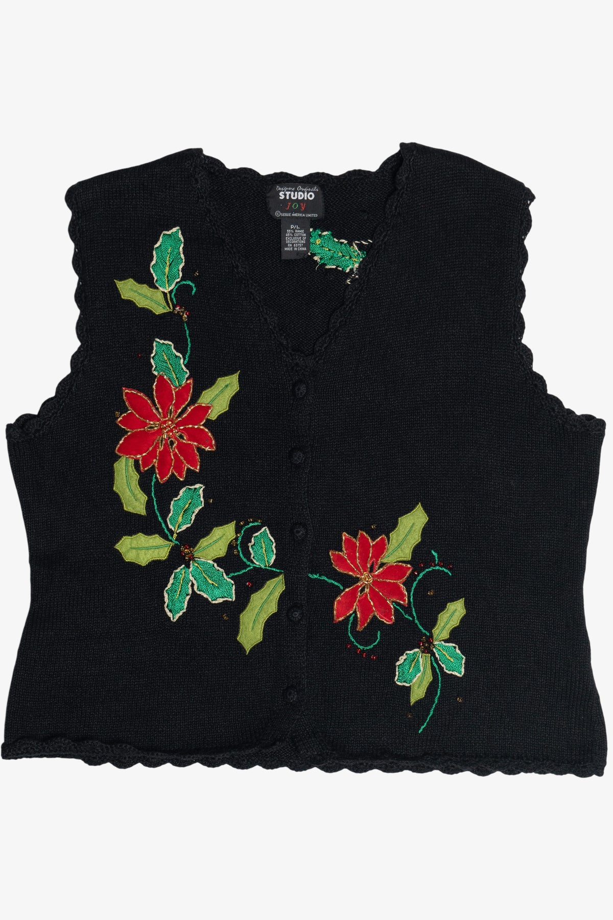 Vintage Black Poinsettia Ugly Christmas Vest (1990s)