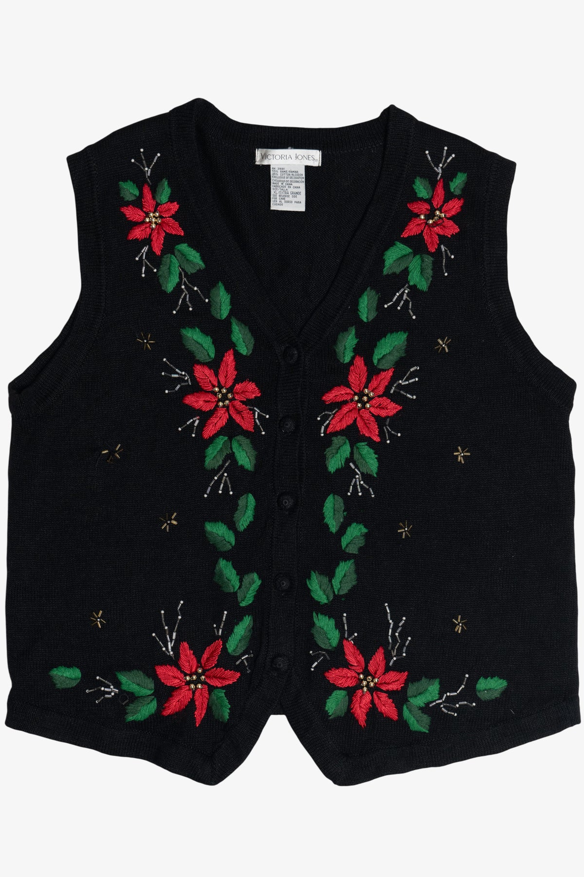 Vintage Embroidered Poinsettia Ugly Christmas Vest (1990s)