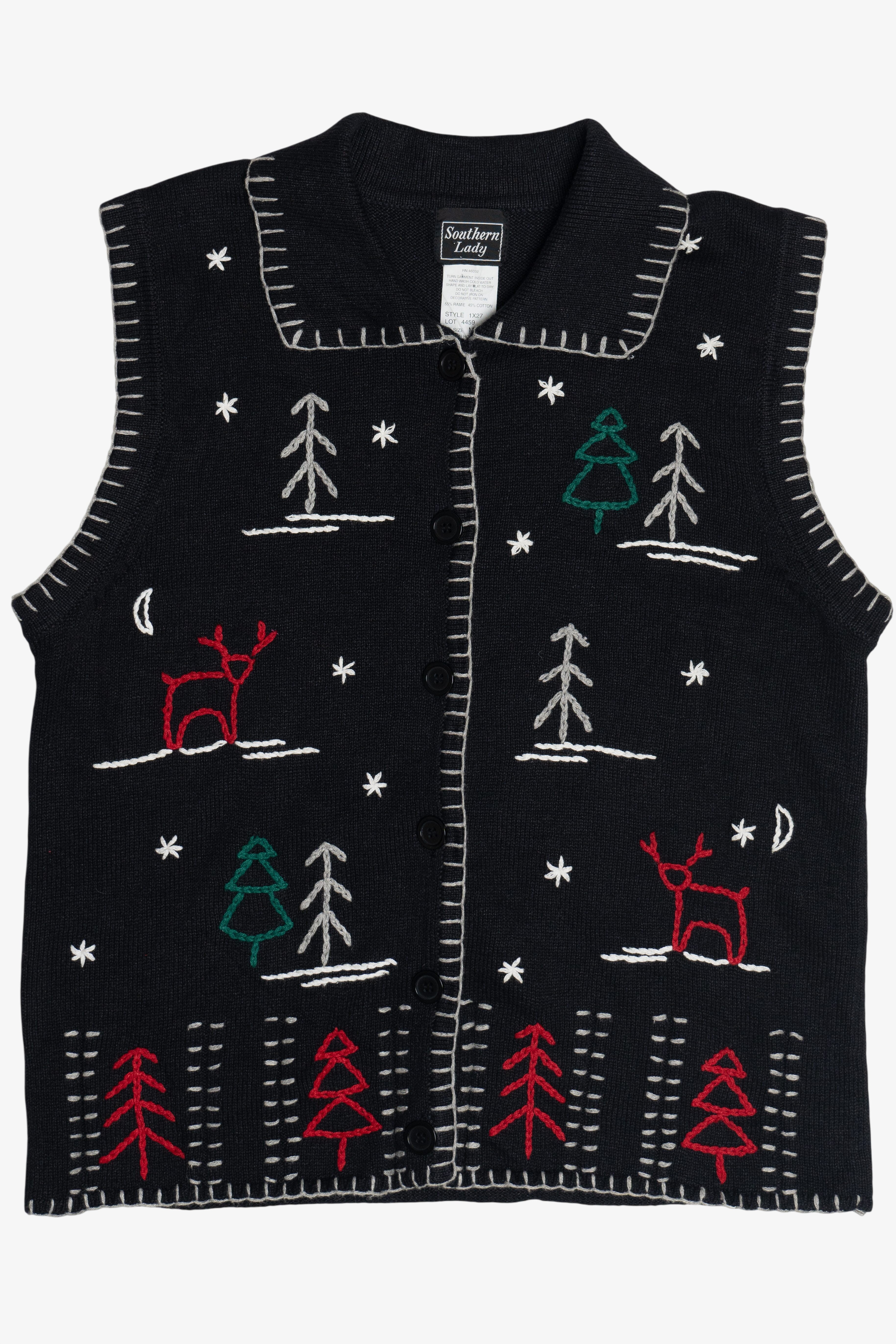 Vintage Holiday Stick Figures Embroidered Ugly Christmas Vest (1990s)