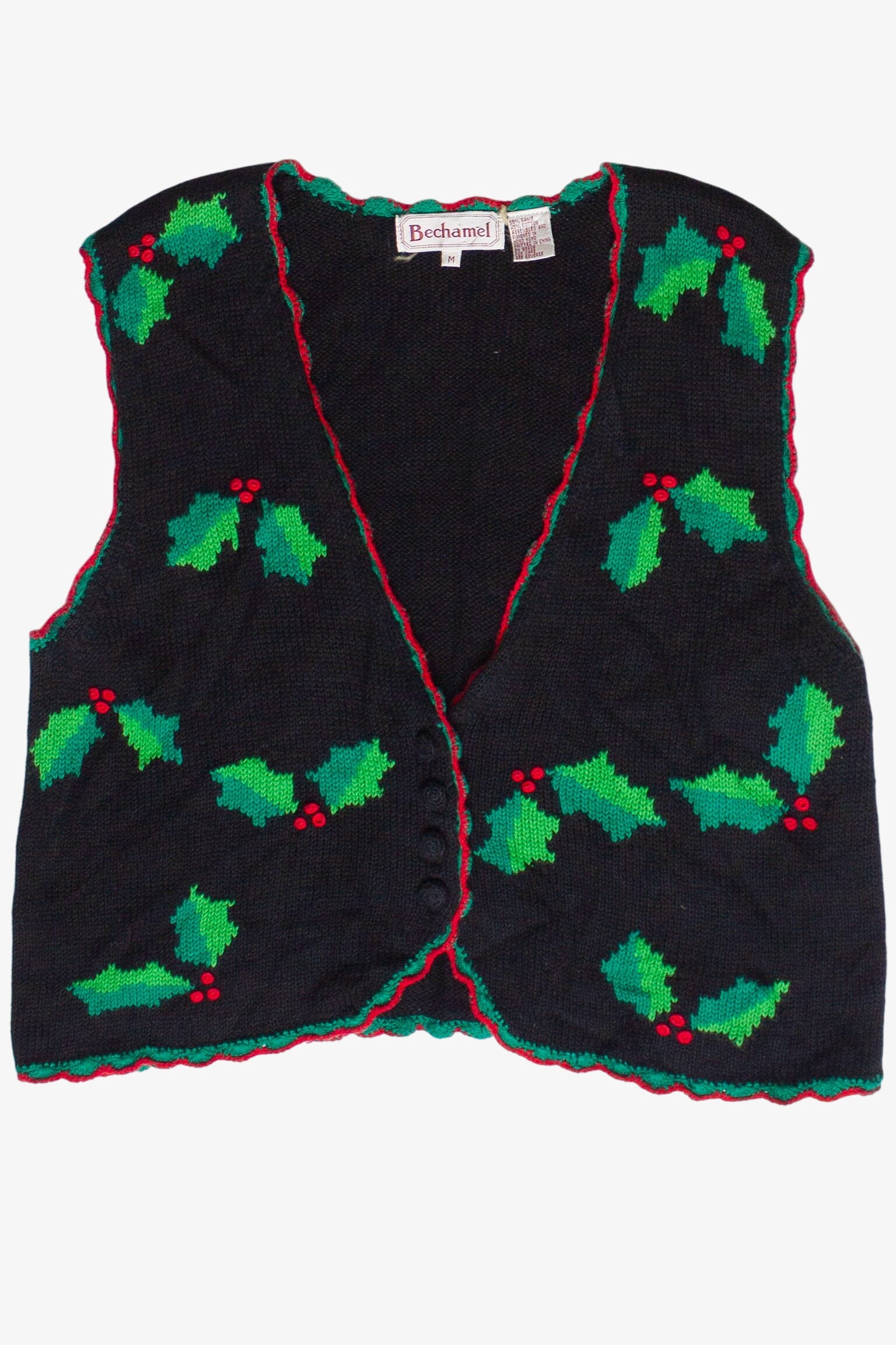 Vintage Knit Holly Crochet Trim Ugly Christmas Vest