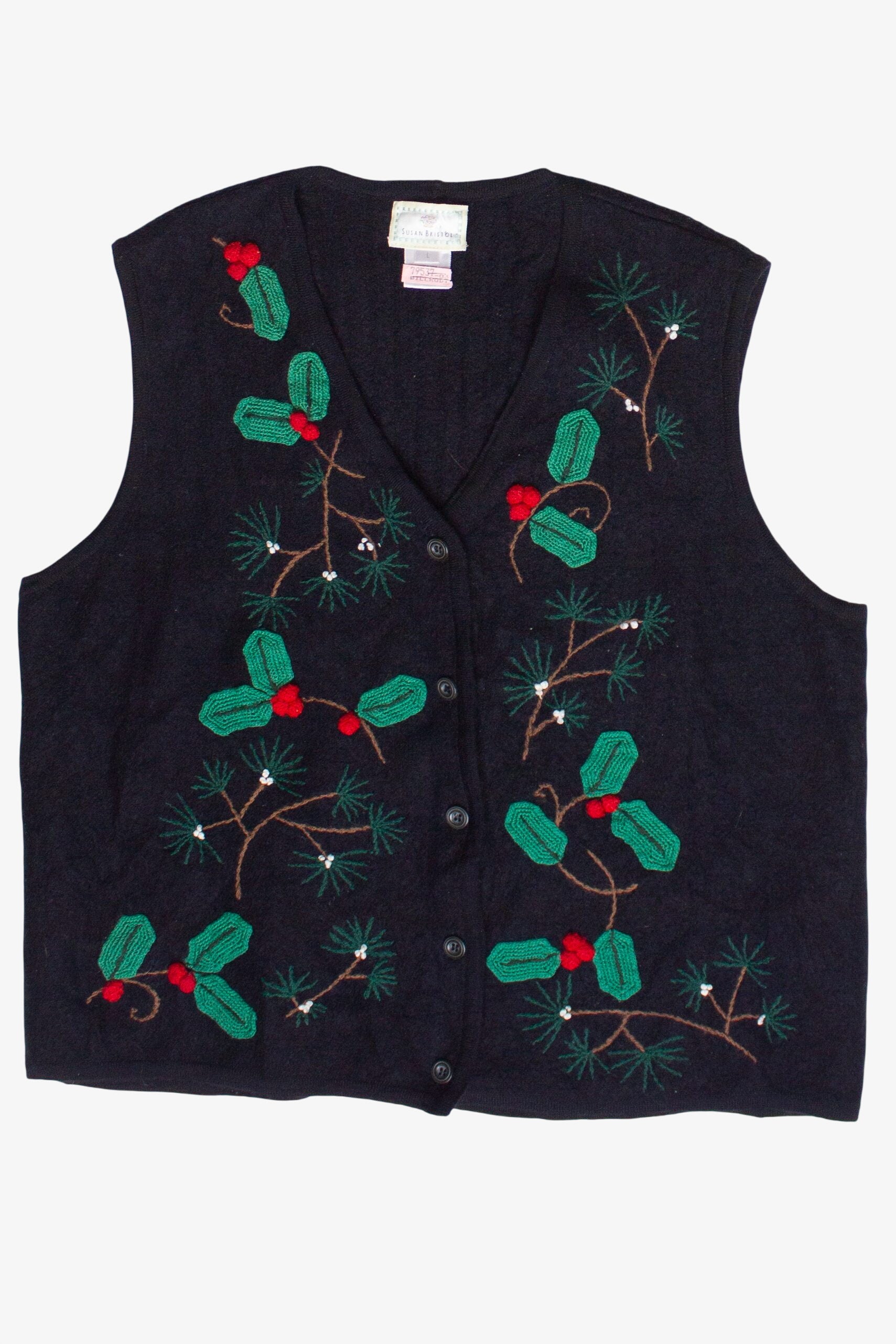 Vintage Susan Bristol Hand Embroidered Holly Wool Ugly Christmas Vest