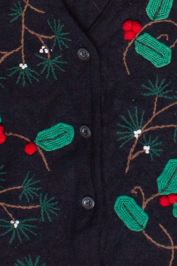 Vintage Susan Bristol Hand Embroidered Holly Wool Ugly Christmas Vest