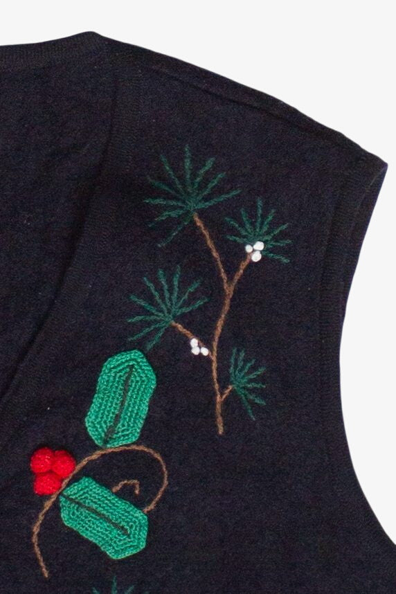 Vintage Susan Bristol Hand Embroidered Holly Wool Ugly Christmas Vest