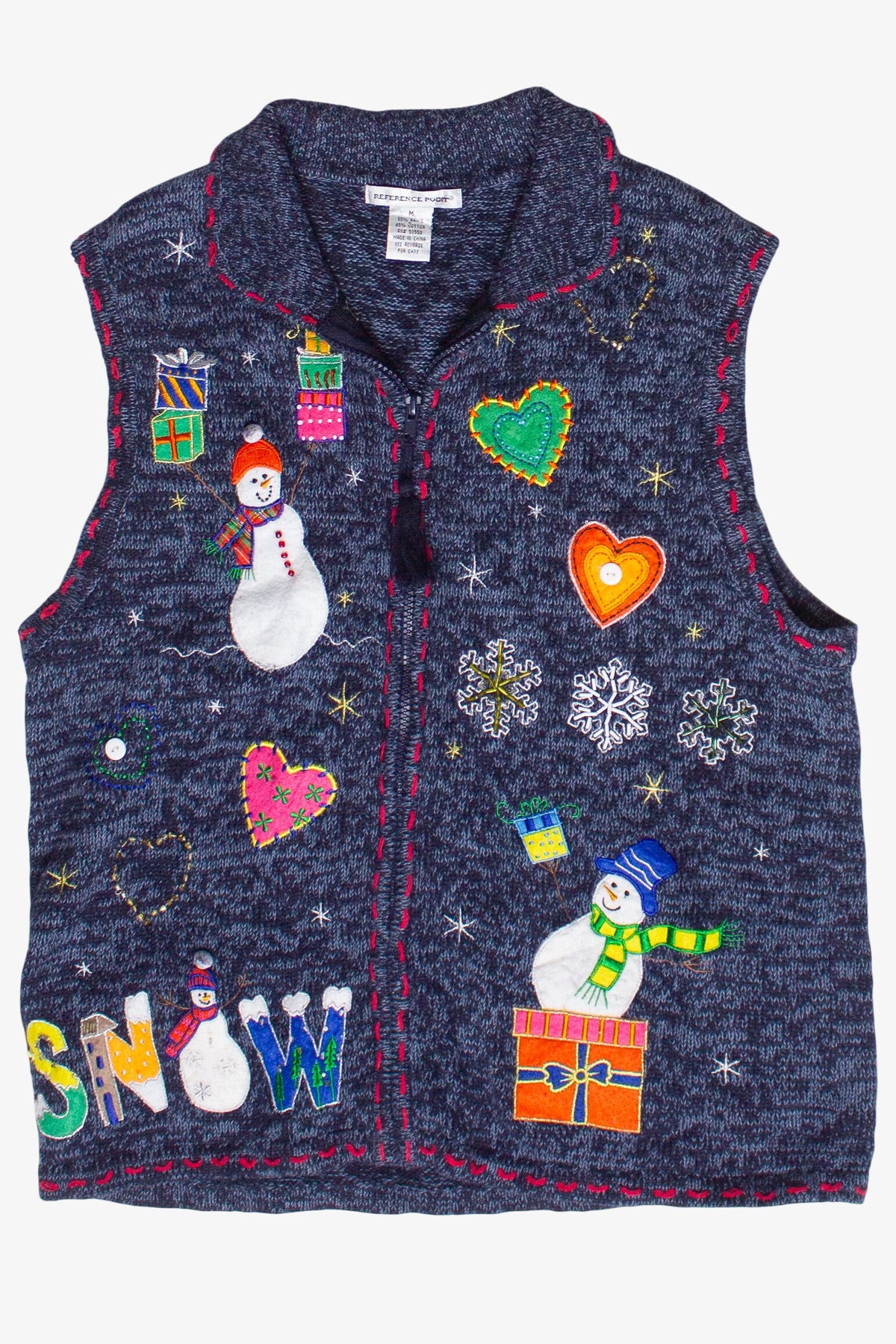 Vintage Embroidered Snowmen Patches Zip Up Ugly Christmas Vest