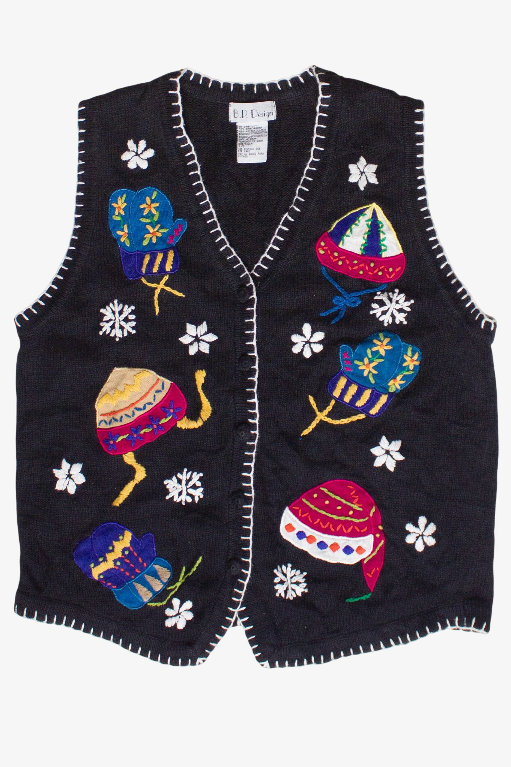 Vintage Embroidered Colorful Hats and Mittens Ugly Christmas Vest