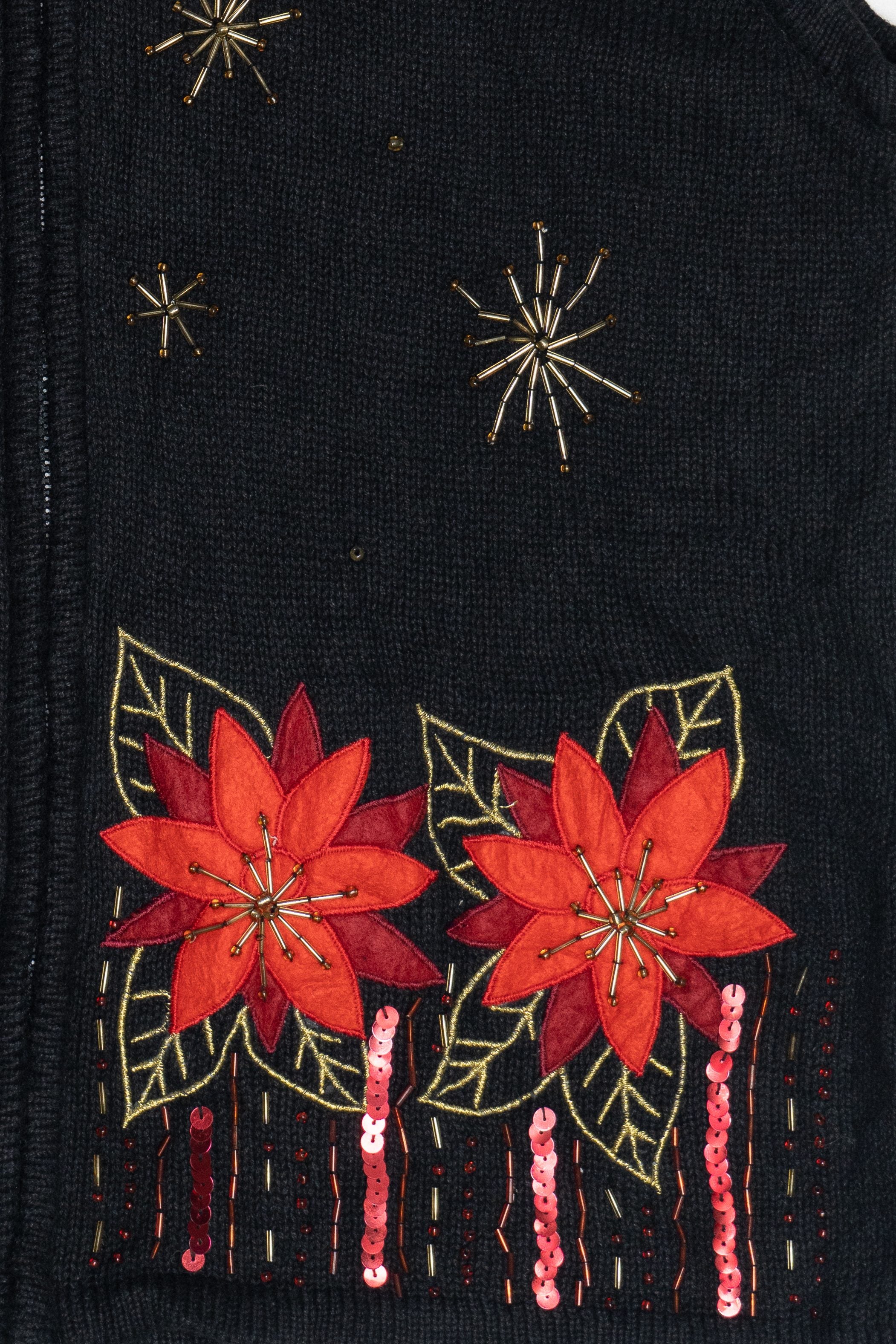Vintage Kim Rogers Faux Fur Collar Poinsettia Ugly Christmas Vest (1990s)