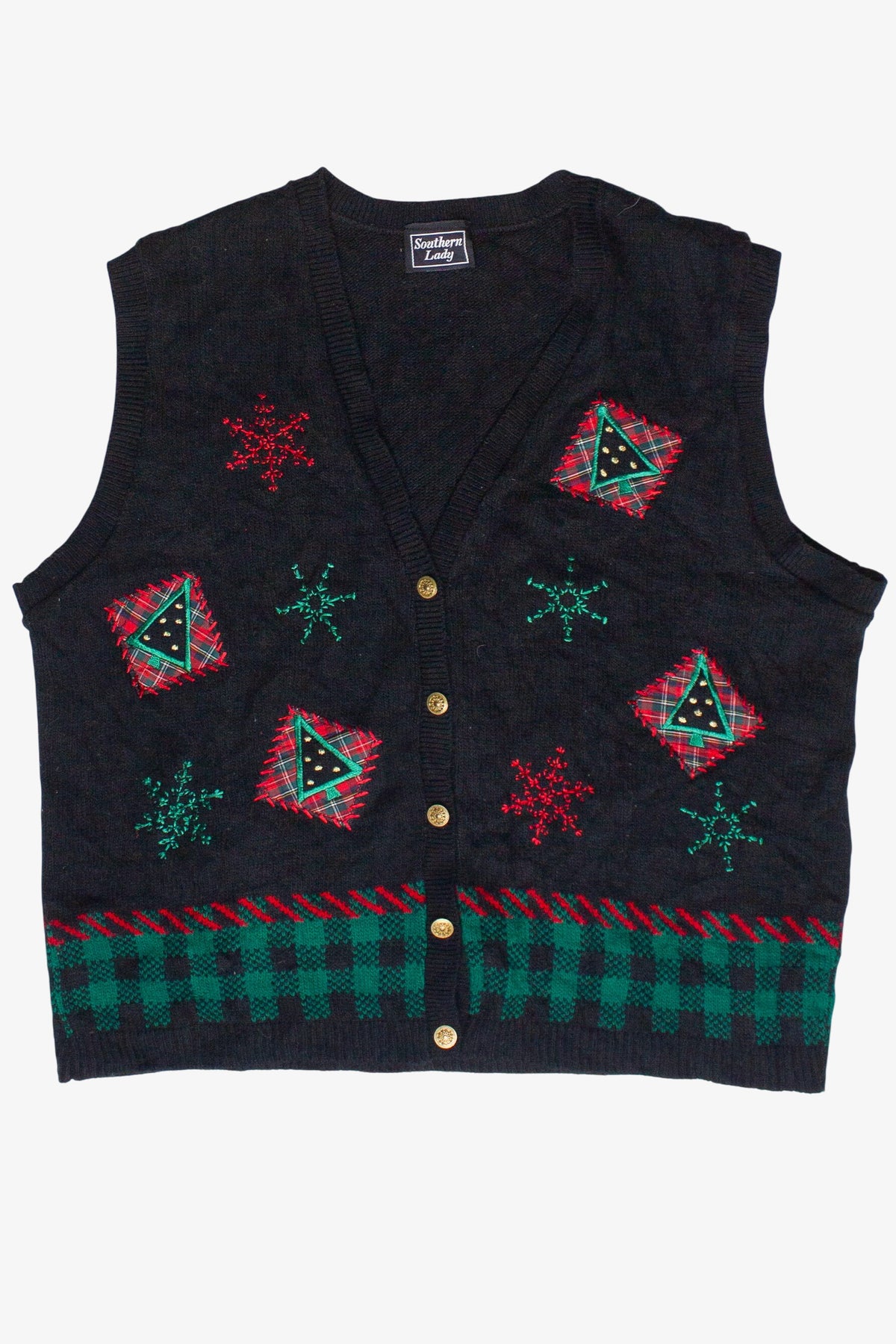 Vintage Southern Lady Plaid Embroidered Snowflakes Trees Ugly Christmas Vest (1990s)